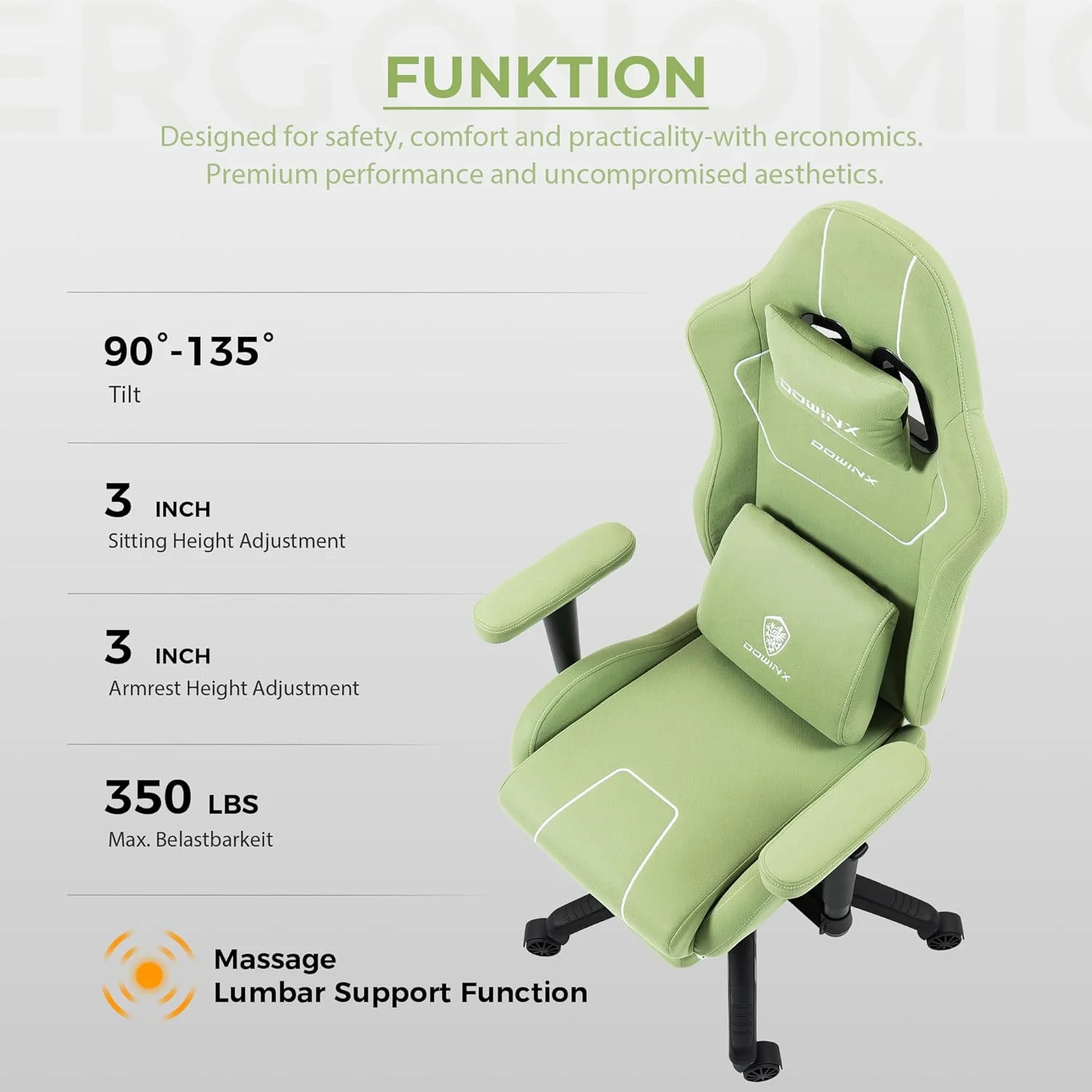 صندلی گیمینگ با روکش پارچه ای، دارای کوسن فنری، صندلی کامپیوتر ارگونومیک با پشتیبانی کمری ماساژور و زیرپایی، صندلی اداری راحت با قابلیت تنظیم پشتی، ظرفیت 136 کیلوگرم، مناسب برای نوجوانان و بزرگسالان، سبز