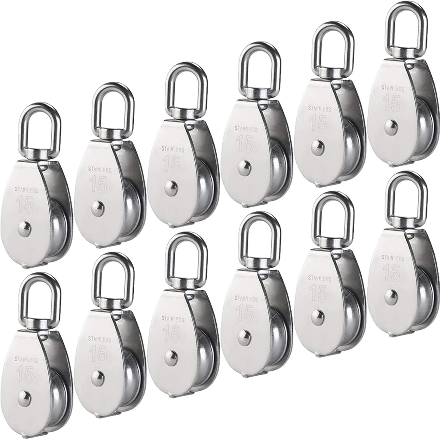 AUHOKY بسته 12 عددی قرقره تکی (M15)، چرخ بکسل سیم آویز فولاد ضد زنگ 304، غلتک قرقره کابل سیم بکسل چرخشی، حداکثر بار 35 کیلوگرم AUHOKY بسته 12 عددی قرقره تکی (M15)، چرخ بکسل سیم آویز فولاد ضد زنگ 304، غلتک قرقره کابل سیم بکسل چرخشی، حداکثر بار 35 کیلوگرم