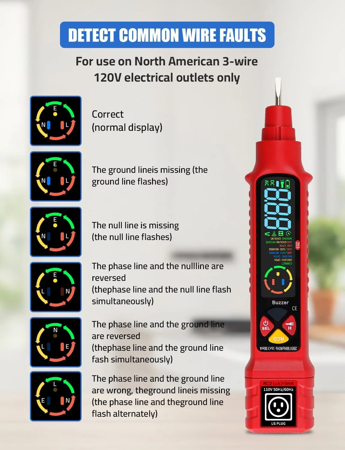تستر ولتاژ/تستر ولتاژ غیر تماسی، محدوده دوگانه AC 2-440V، 50Hz-60 سیم زنده/خنثی، تستر الکتریکی با صفحه نمایش LCD، یاب نقطه شکست سیم، ابزار تعمیر بررسی کننده فیوز چراغ