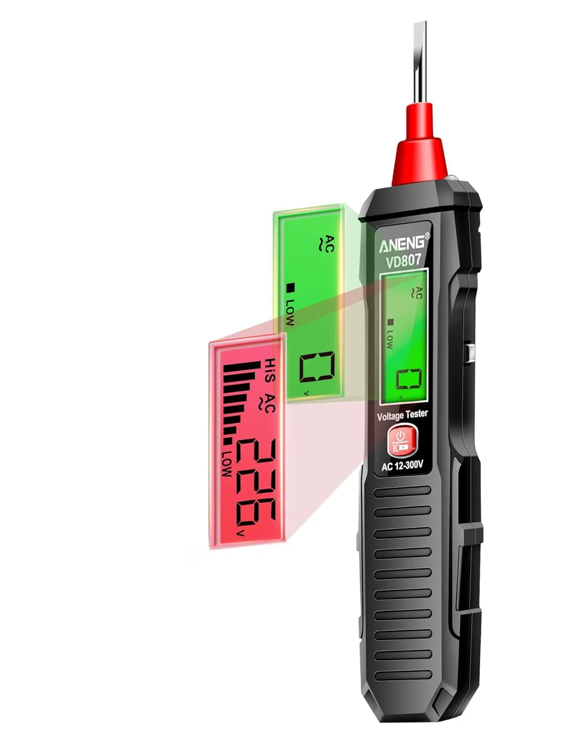 VD807 تستر ولتاژ غیر تماسی، قلم تست برق، محدوده ولتاژ AC، ابزار تست لامپ با صفحه نمایش LCD، چراغ قوه، آشکارساز قلم جیبی، آلارم زنگ، یاب نقطه شکست سیم، مشکی
