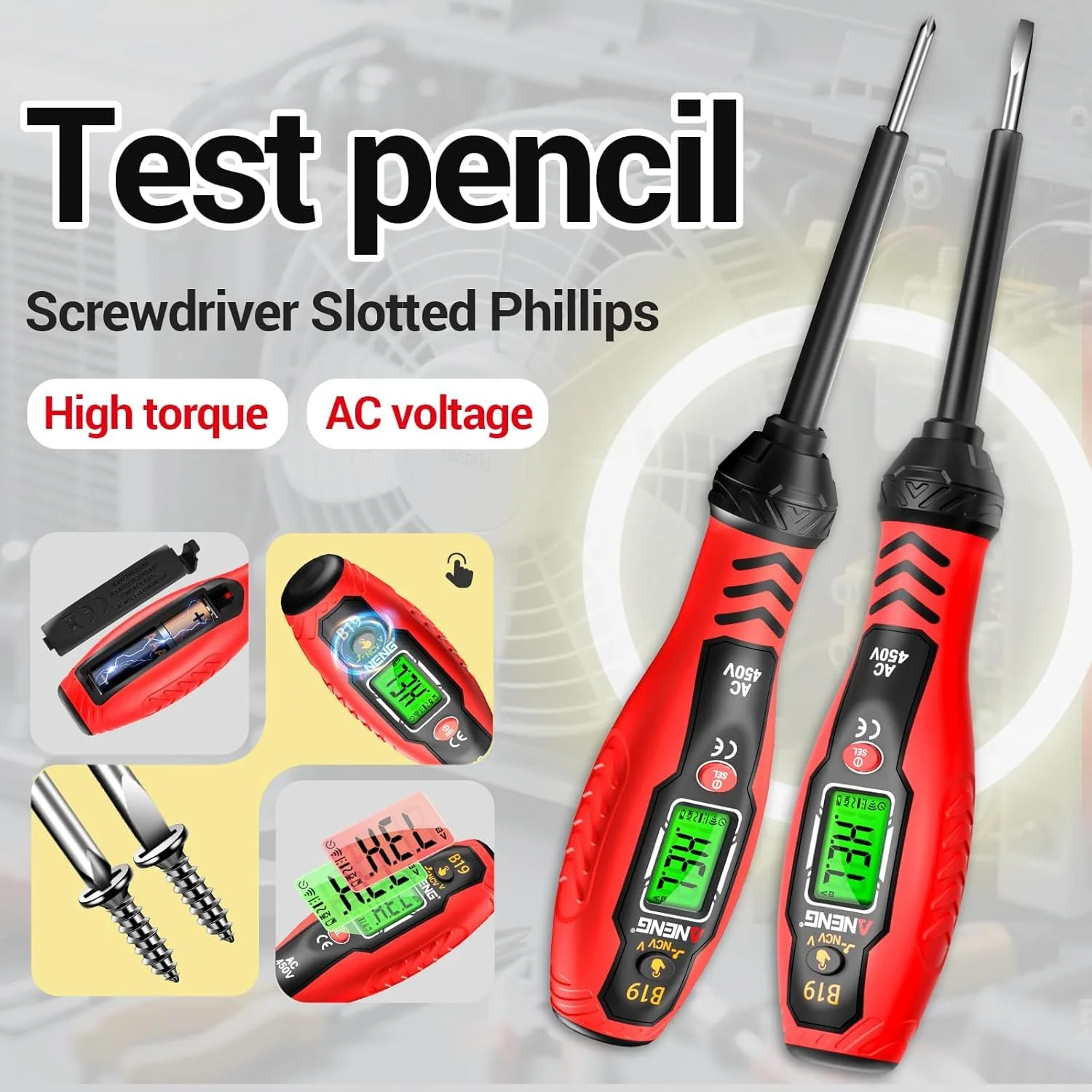 تستر ولتاژ غیر تماسی با نمایشگر LCD، قلم تشخیص ولتاژ دوگانه AC 12V-1000V، تستر سیم زنده/خنثی با آلارم Buzzer، یاب نقطه شکست، مجموعه پیچ گوشتی تست الکتریکی عایق