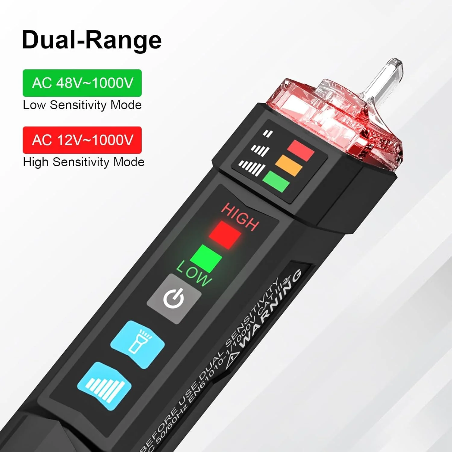 تستر ولتاژ KASTWAVE، آشکارساز هشدار با آلارم صوتی و نوری، چراغ قوه، یاب نقطه شکست سیم، تستر ولتاژ AC غیر تماسی قابل حمل، با محدوده دوگانه AC 12V-1000V/48V-1000V