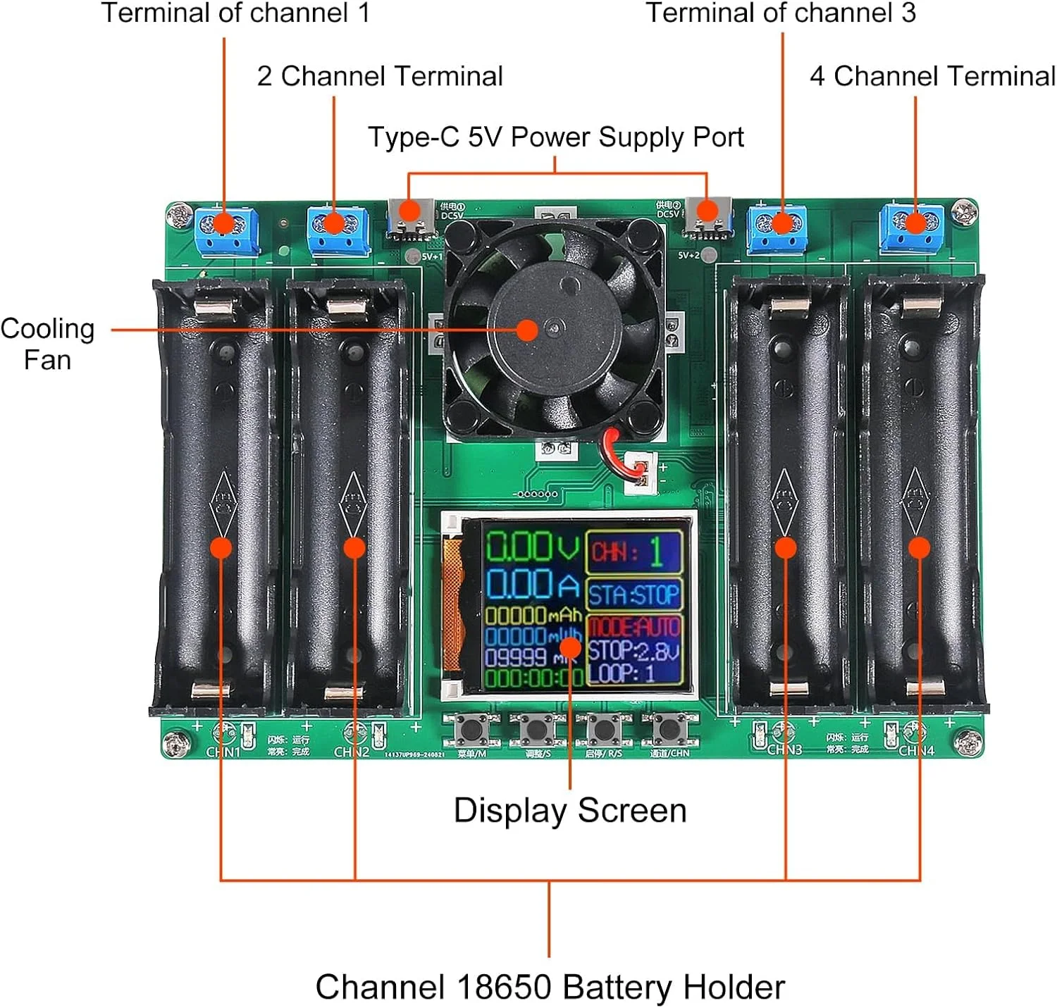 تستر باتری 18650، آشکارساز ظرفیت 4 کاناله، ماژول دیجیتال اندازه گیری توان، تغذیه از طریق USB Type-C، اندازه گیری MAh MWh، 1 عدد تستر باتری 18650، آشکارساز ظرفیت 4 کاناله، ماژول دیجیتال اندازه گیری توان، تغذیه از طریق USB Type-C، اندازه گیری MAh MWh، 1 عدد