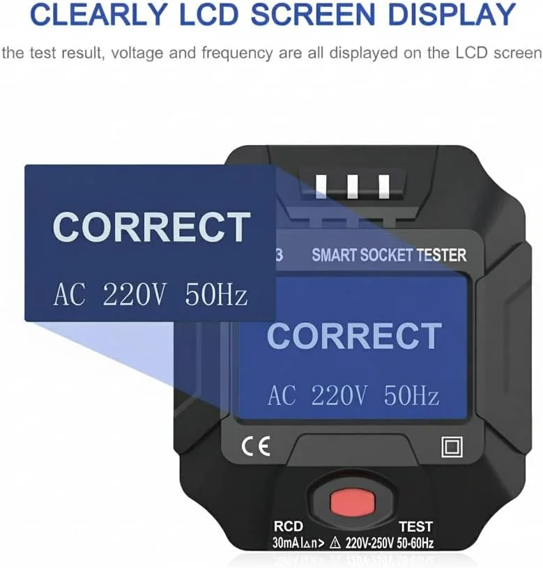 تستر پریز برق، تستر هوشمند پریز برق بریتانیا با صفحه نمایش دیجیتال LCD، آشکارساز قطبیت مدار پریز دیواری، تست نشتی تستر پریز برق، تستر هوشمند پریز برق بریتانیا با صفحه نمایش دیجیتال LCD، آشکارساز قطبیت مدار پریز دیواری، تست نشتی