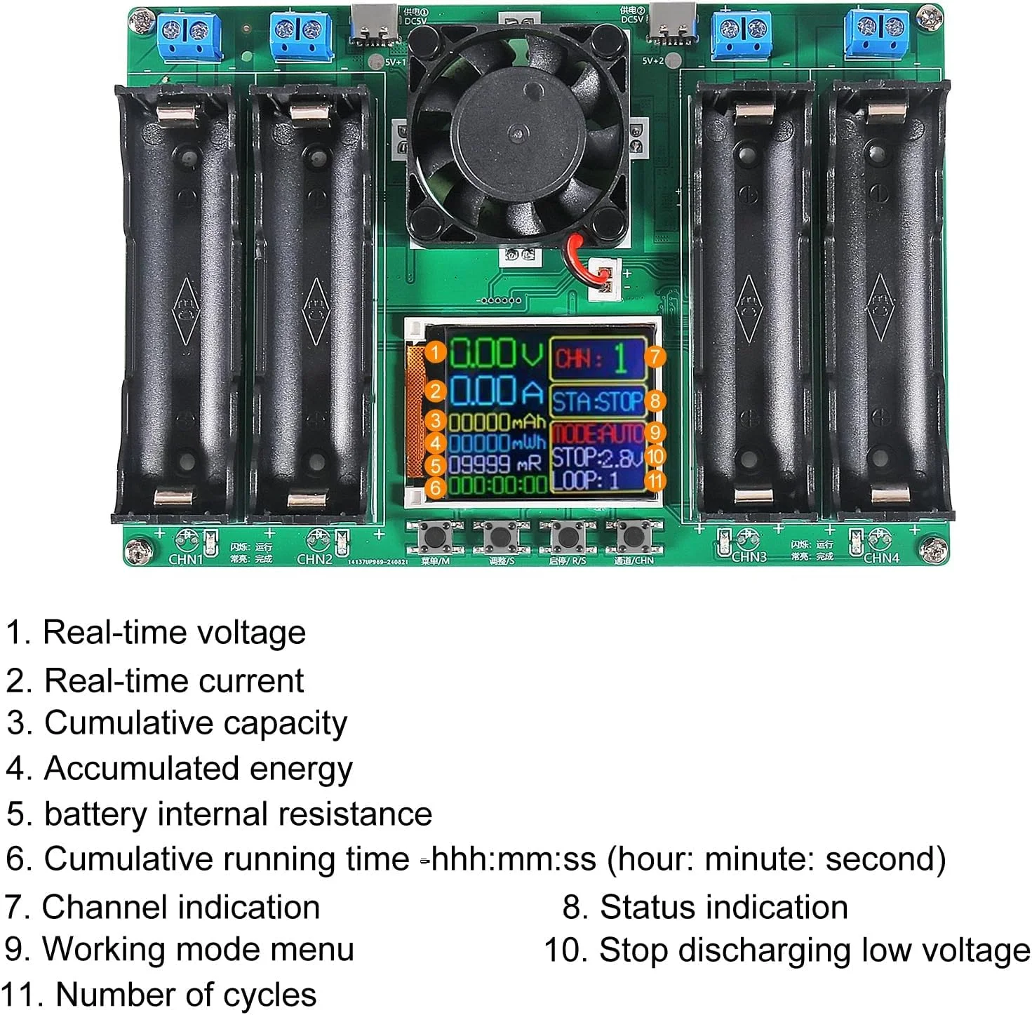 تستر باتری 18650، آشکارساز ظرفیت 4 کاناله، ماژول دیجیتال اندازه گیری توان، تغذیه از طریق USB Type-C، اندازه گیری MAh MWh، 1 عدد تستر باتری 18650، آشکارساز ظرفیت 4 کاناله، ماژول دیجیتال اندازه گیری توان، تغذیه از طریق USB Type-C، اندازه گیری MAh MWh، 1 عدد