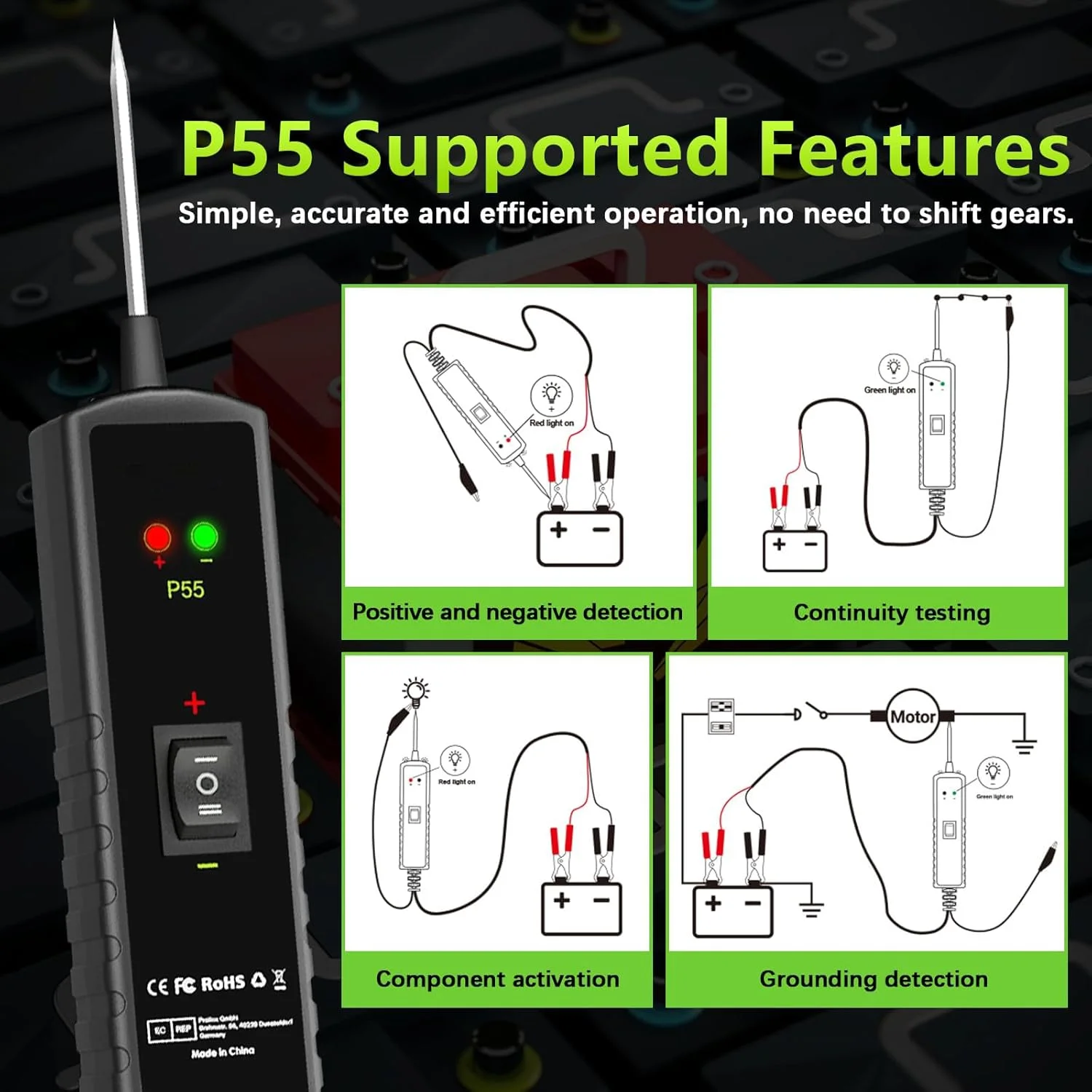 تستر مدار الکتریکی KASTWAVE P55، تستر پیوستگی و فعال سازی قطعات 12V-24V، تستر چراغ تریلر، یاب اتصال کوتاه، سیم جامپر محافظت شده در برابر اضافه بار تستر مدار الکتریکی KASTWAVE P55، تستر پیوستگی و فعال سازی قطعات 12V-24V، تستر چراغ تریلر، یاب اتصال کوتاه، سیم جامپر محافظت شده در برابر اضافه بار