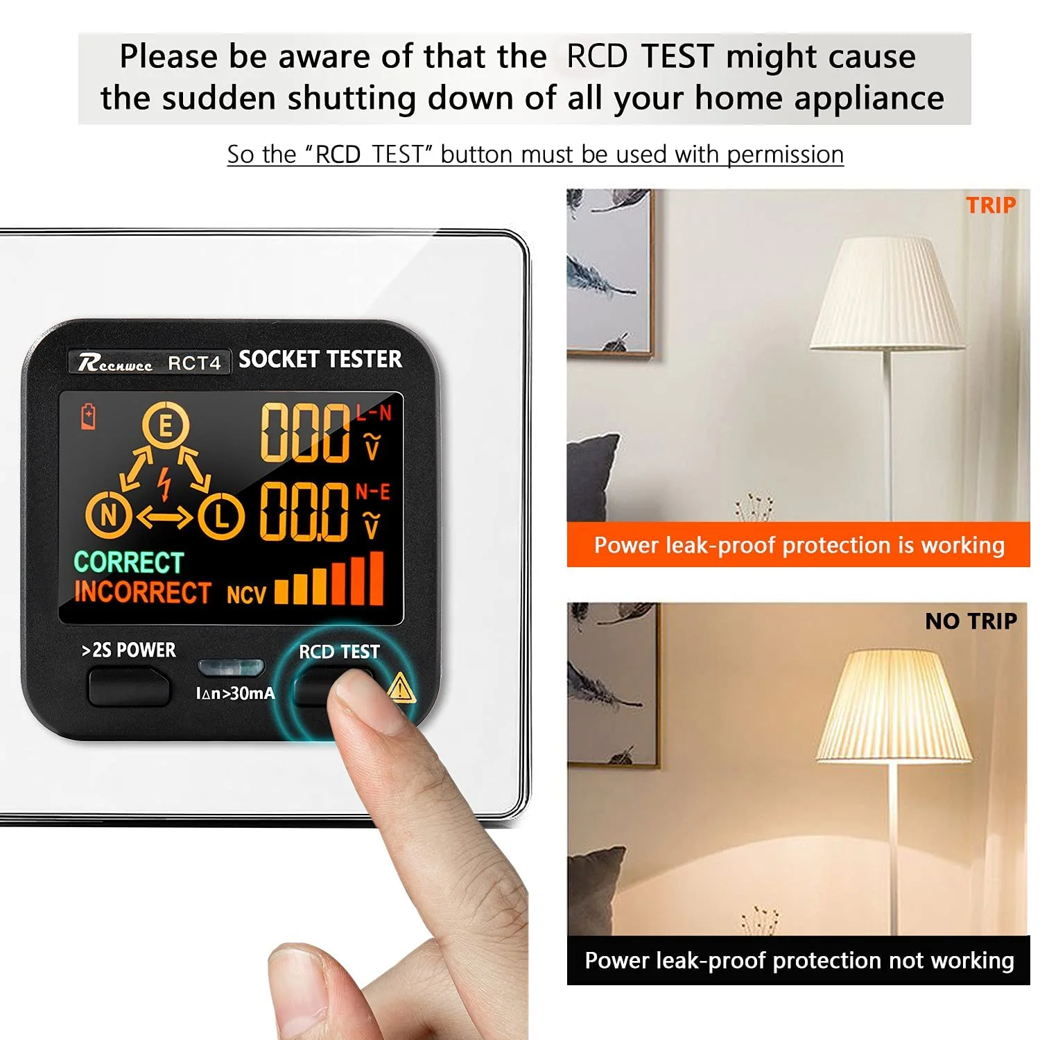 تستر پریز برق با نمایشگر ولتاژ LCD، آنالیزور مدار RCD/GFCI، آشکارساز پلاریته و تستر نشتی، بررسی کننده خطای خط با 8 نشانگر بصری - عیب یاب سیم کشی پریز برق تستر پریز برق با نمایشگر ولتاژ LCD، آنالیزور مدار RCD/GFCI، آشکارساز پلاریته و تستر نشتی، بررسی کننده خطای خط با 8 نشانگر بصری - عیب یاب سیم کشی پریز برق