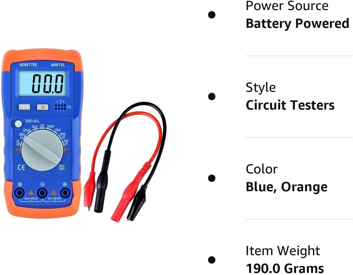 مولتی متر خازن سنج دیجیتال حرفه ای KASTWAVE A6013L برای اندازه گیری ولتاژ، جریان، مقاومت، دیود، پیوستگی و دما