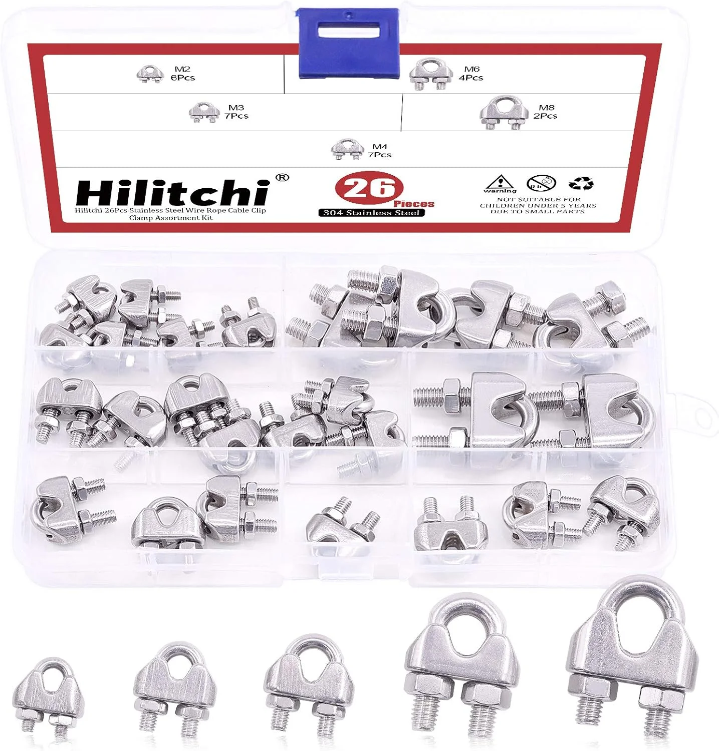 مجموعه 26 عددی بست و گیره سیم بکسل Hilitchi در 5 سایز مختلف، بست سیم بکسل استیل ضد زنگ 304، سایزهای M2 M3 M4 M6 M8