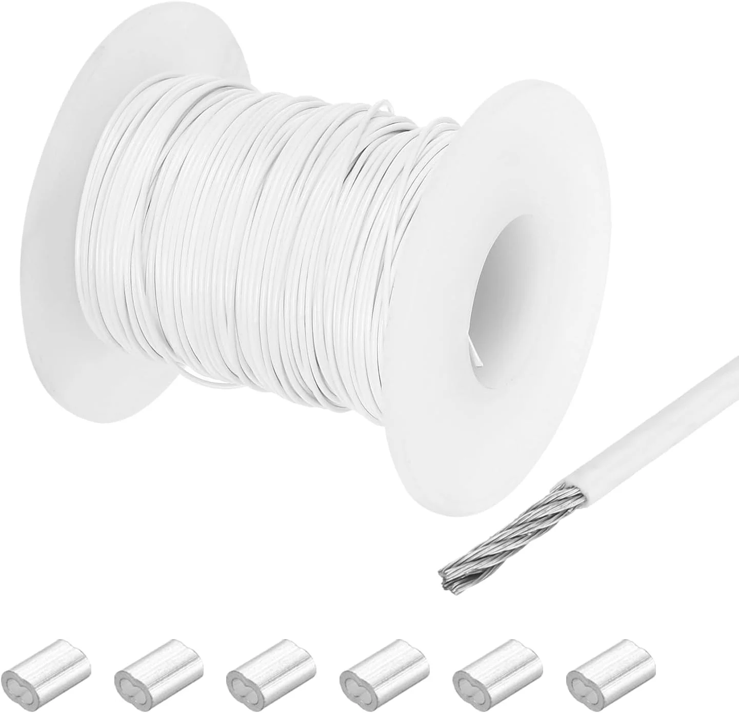 سیم بکسل استیل QUARKZMAN روکش PVC طول 40 متر و ضخامت 0.8 میلی متر به همراه 6 بست آلومینیومی، سیم ایمنی آویز برای عکس، پرده، نرده، مبلمان باغ و سایبان، سفید