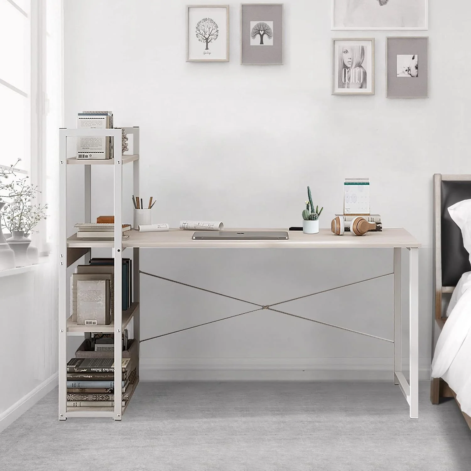 میز کامپیوتر SKY-TOUCH با قفسه، میز تحریر 4 طبقه با قفسه کتاب، میز تحریر قابل برگشت، میز گوشه اداری با قفسه، میز اداری خانگی با مونتاژ آسان 120x48x74 سانتی متر