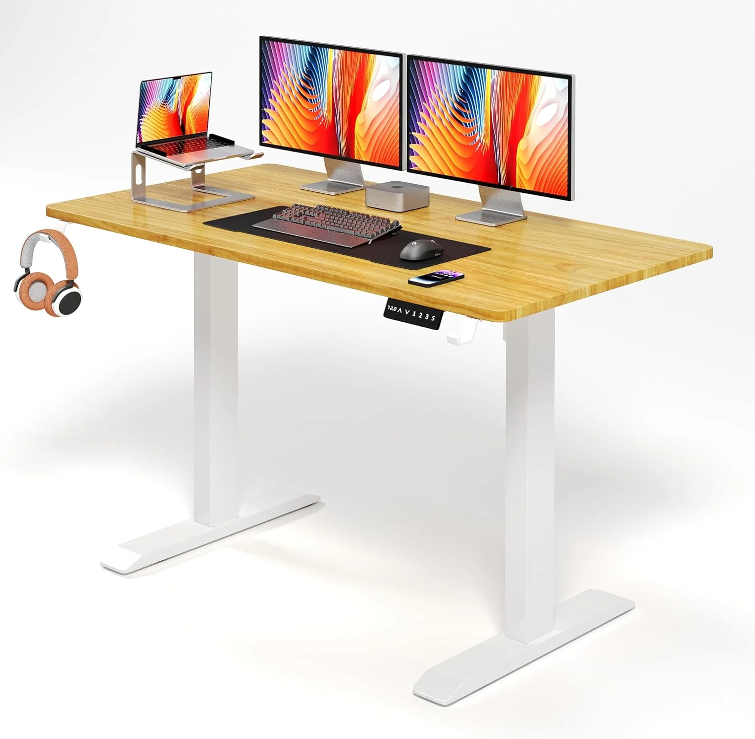 میز تحریر ایستاده برقی با قابلیت تنظیم ارتفاع SKY-TOUCH، ابعاد ۱۲۰ در ۶۰ سانتی متر، دارای پنل کنترل هوشمند با ۲ حافظه ارتفاع، مناسب برای دفتر کار خانگی، صفحه میز دو تکه، طرح چوب زرد میز تحریر ایستاده برقی با قابلیت تنظیم ارتفاع SKY-TOUCH، ابعاد ۱۲۰ در ۶۰ سانتی متر، دارای پنل کنترل هوشمند با ۲ حافظه ارتفاع، مناسب برای دفتر کار خانگی، صفحه میز دو تکه، طرح چوب زرد