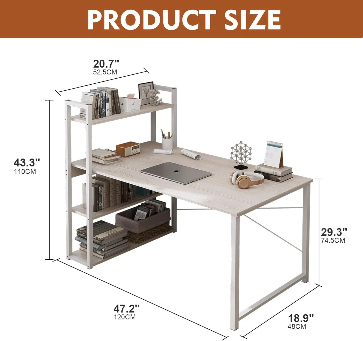 میز کامپیوتر SKY-TOUCH با قفسه، میز تحریر 4 طبقه با قفسه کتاب، میز تحریر قابل برگشت، میز گوشه اداری با قفسه، میز اداری خانگی با مونتاژ آسان 120x48x74 سانتی متر