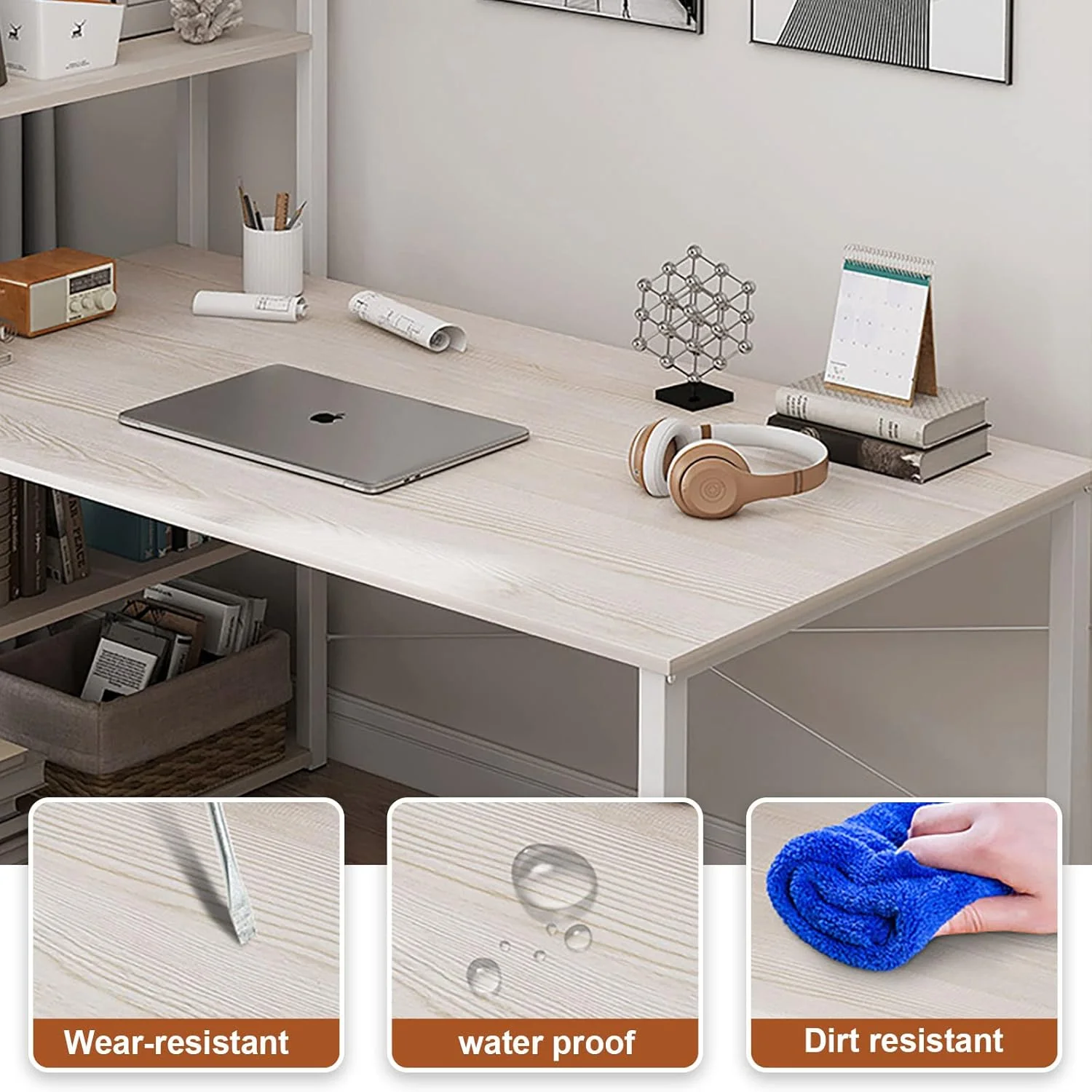 میز کامپیوتر SKY-TOUCH با قفسه، میز تحریر 4 طبقه با قفسه کتاب، میز تحریر قابل برگشت، میز گوشه اداری با قفسه، میز اداری خانگی با مونتاژ آسان 120x48x74 سانتی متر