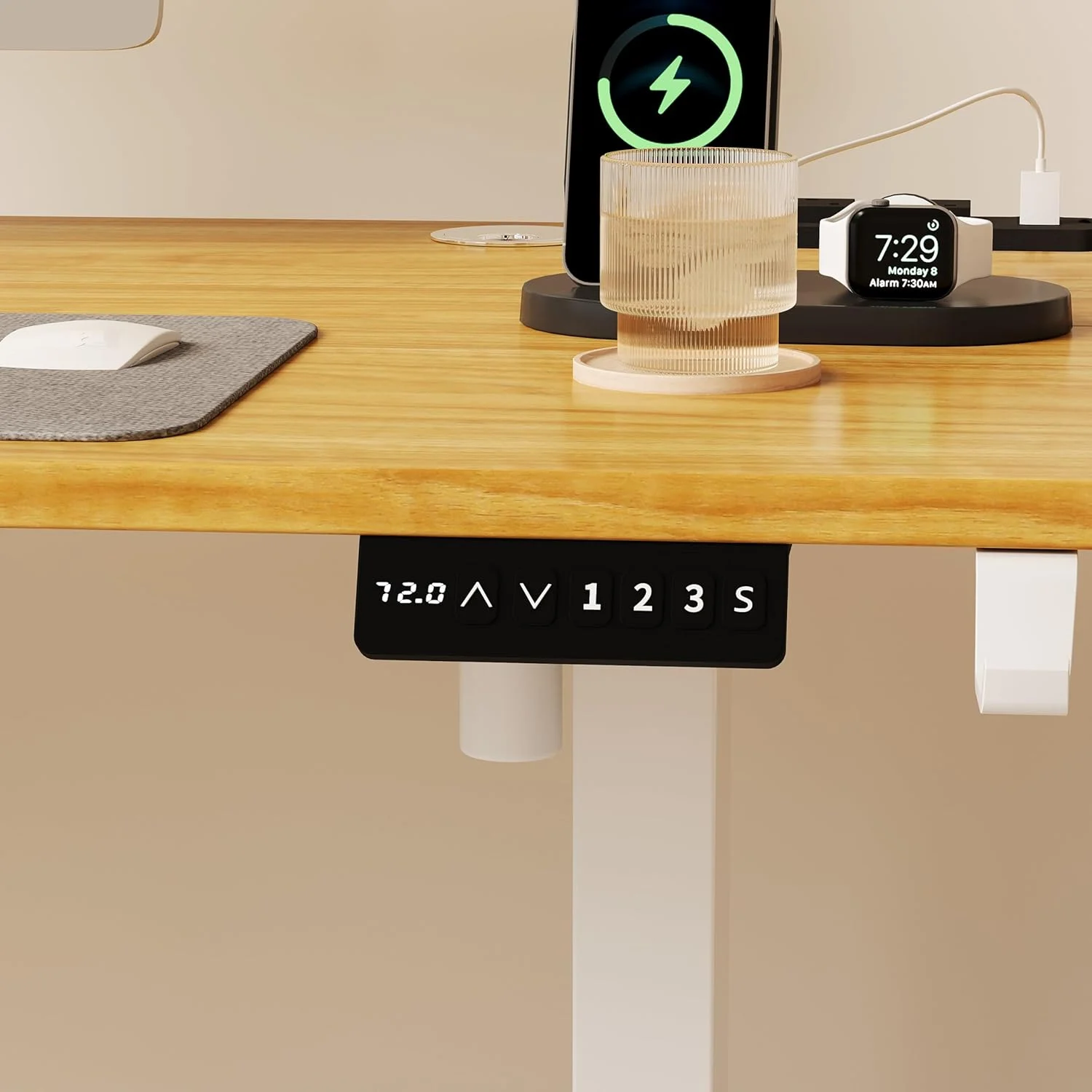 میز تحریر ایستاده برقی با قابلیت تنظیم ارتفاع SKY-TOUCH، ابعاد ۱۲۰ در ۶۰ سانتی متر، دارای پنل کنترل هوشمند با ۲ حافظه ارتفاع، مناسب برای دفتر کار خانگی، صفحه میز دو تکه، طرح چوب زرد