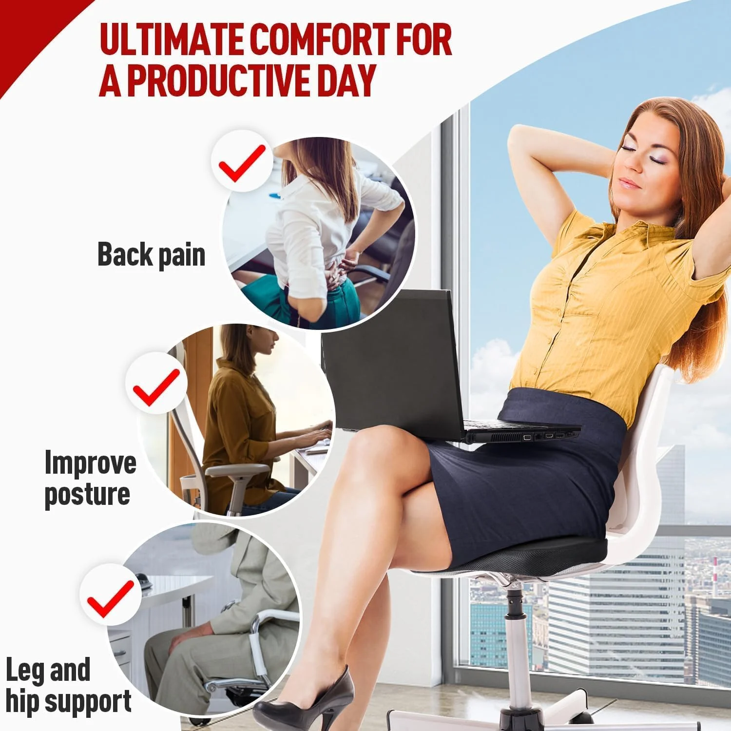 بالشتک صندلی فوم حافظه دار Sky Touch برای صندلی اداری، پد صندلی تنفسی، بالشتک صندلی ارتوپدی برای صندلی خودرو، صندلی میز، بازی و کامپیوتر، بالشتک ضد لغزش با روکش قابل جابجایی و شستشو - مشکی