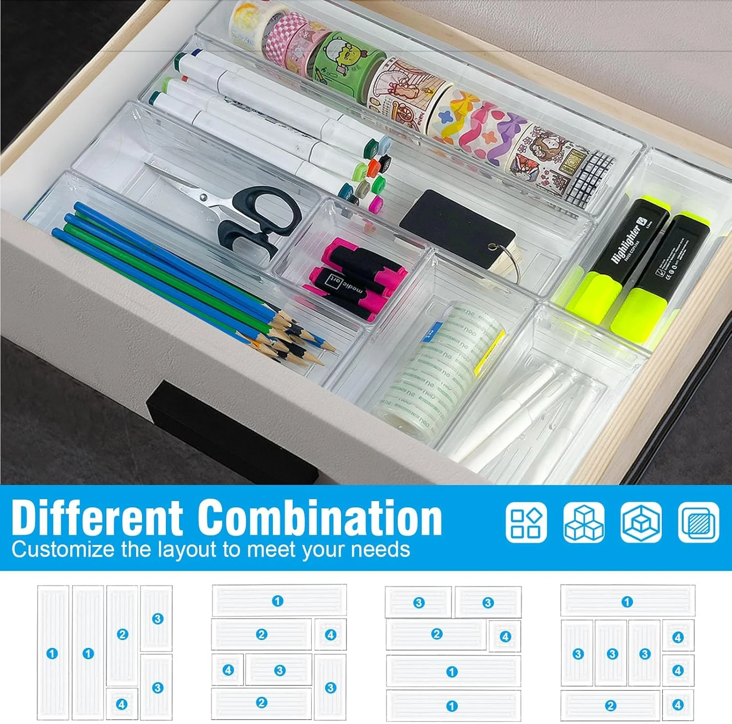 ست ۱۴ عددی تقسیم کننده کشو پلاستیکی شفاف SKY-TOUCH، سینی های نظم دهنده کشو، ست تقسیم کننده بزرگ ۴ سایز برای یخچال، حمام، میز آرایش، لوازم اداری