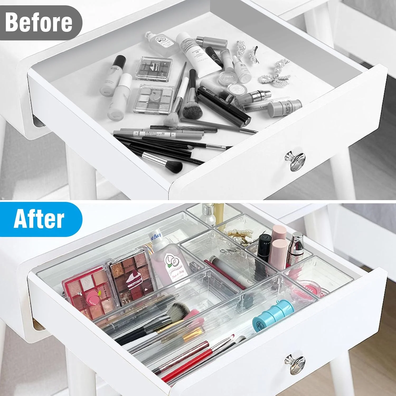 ست ۱۴ عددی تقسیم کننده کشو پلاستیکی شفاف SKY-TOUCH، سینی های نظم دهنده کشو، ست تقسیم کننده بزرگ ۴ سایز برای یخچال، حمام، میز آرایش، لوازم اداری