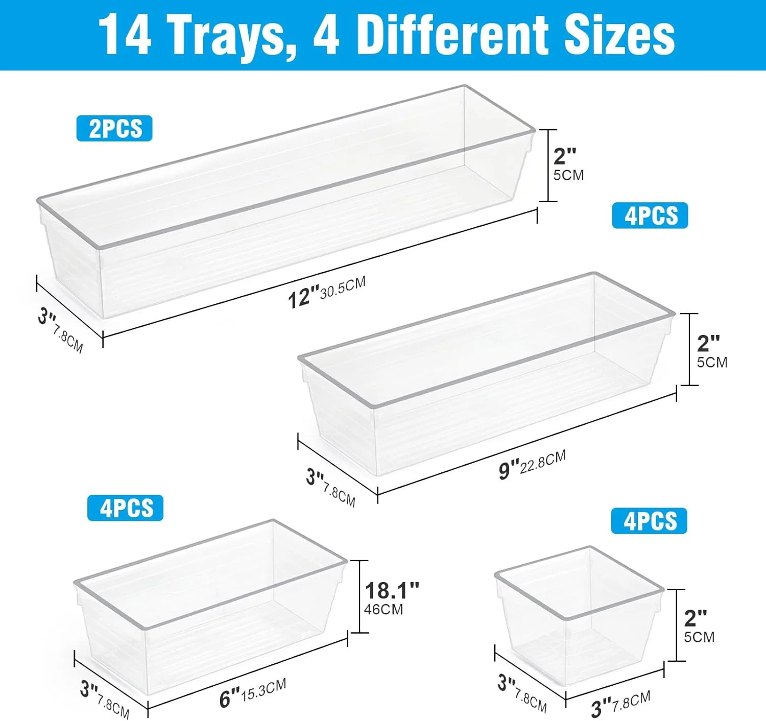 ست ۱۴ عددی تقسیم کننده کشو پلاستیکی شفاف SKY-TOUCH، سینی های نظم دهنده کشو، ست تقسیم کننده بزرگ ۴ سایز برای یخچال، حمام، میز آرایش، لوازم اداری