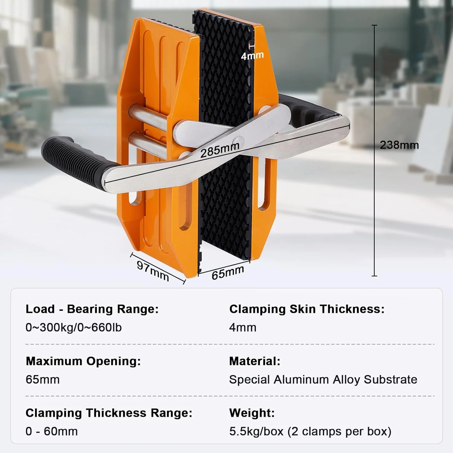 گیره حمل سنگ دو دستی BAOSHISHAN 0-60 میلی متر، ابزار حمل و بلند کردن پنل های گرانیتی، سنگین با ظرفیت 300 کیلوگرم با روکش لاستیکی برای جابجایی شیشه، کوارتز، سنگ مرمر و تخته سه لایی