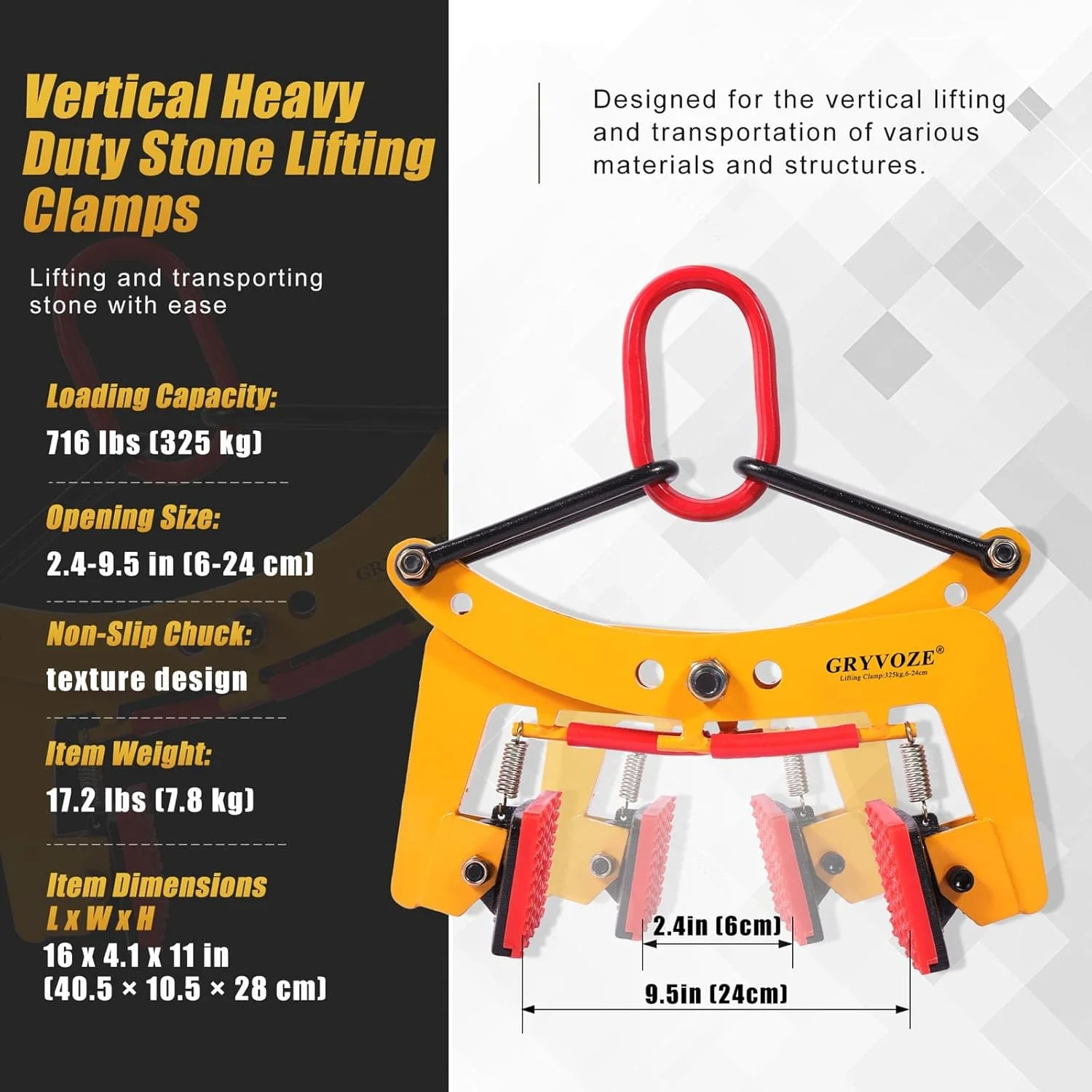 گیره حمل اسلب گرانیتی GRYVOZE با ظرفیت 325 کیلوگرم، گیره قیچی سنگین برای سنگ با دهانه 60 تا 240 میلی متر، گیره حمل سنگ X شکل، گیره حمل عمودی سنگ برای بلند کردن، جابجایی و حمل و نقل