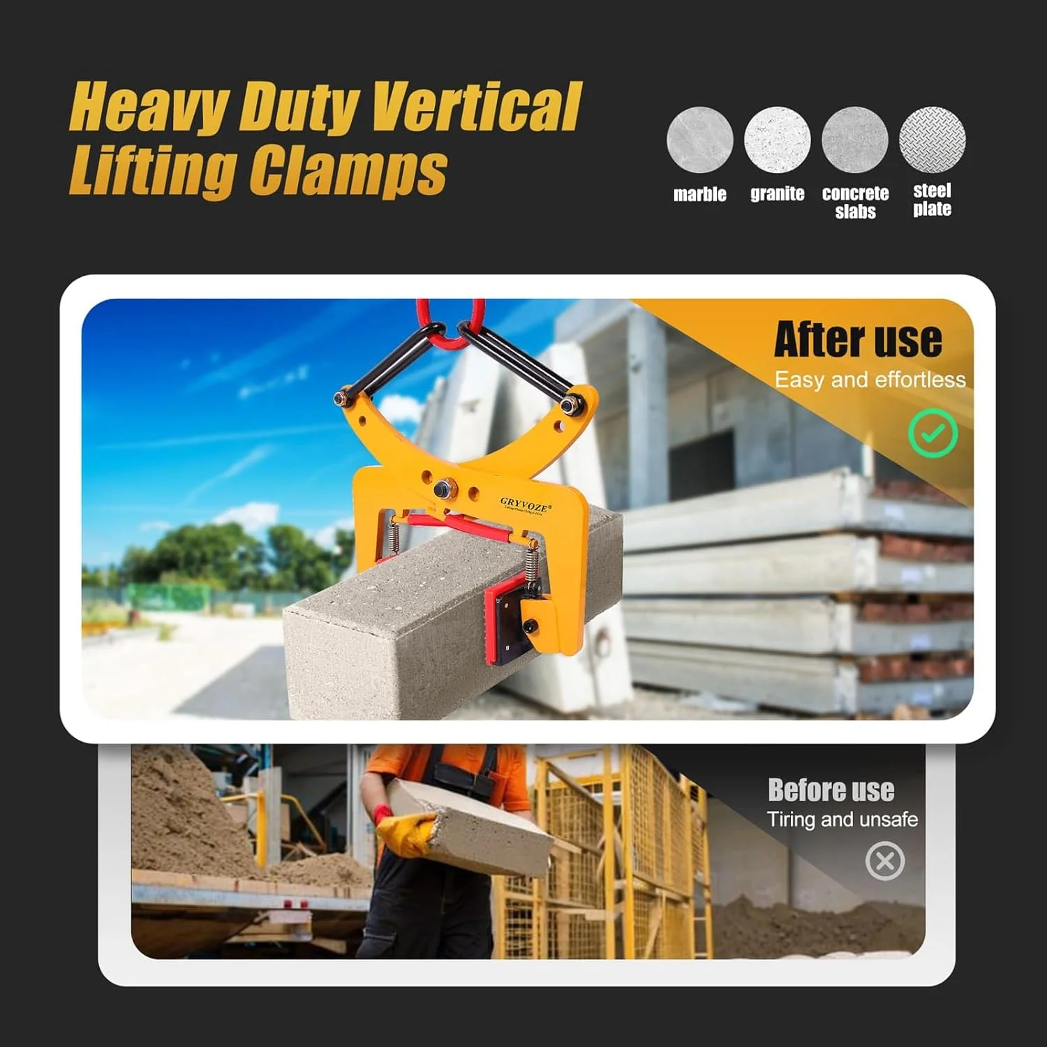 گیره حمل اسلب گرانیتی GRYVOZE با ظرفیت 325 کیلوگرم، گیره قیچی سنگین برای سنگ با دهانه 60 تا 240 میلی متر، گیره حمل سنگ X شکل، گیره حمل عمودی سنگ برای بلند کردن، جابجایی و حمل و نقل
