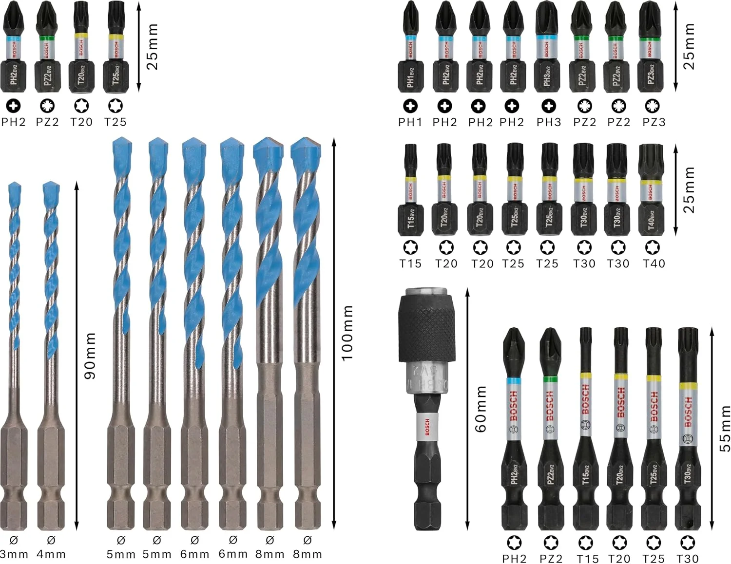مجموعه 35 عددی بوش PRO Impact، مناسب برای بتن، کاشی نرم، 200 x 107 میلی متر، لوازم جانبی حرفه ای پیچ گوشتی