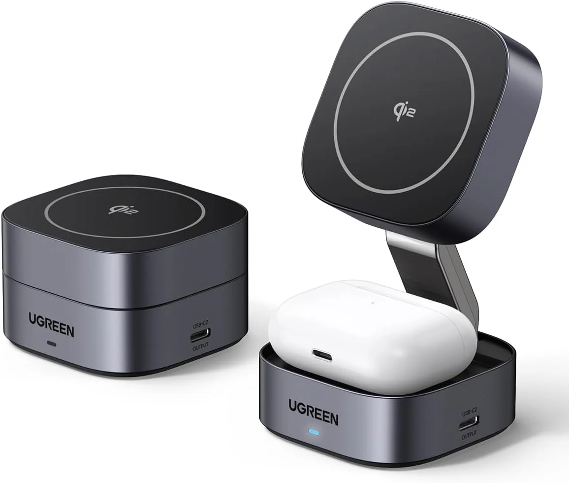 استند شارژر بی‌سیم تاشو 2 در 1 MagFlow Qi2 یوگرین 15 وات برای آیفون (سازگار با شارژر Magsafe اپل)، استند شارژر بی‌سیم مغناطیسی سریع برای سری آیفون 12 تا 17، ایرپادز، آی‌واچ - همراه با کابل USB C یک متری