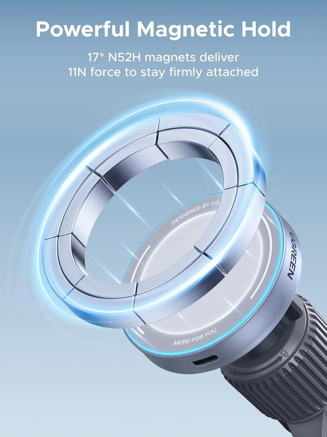 شارژر بی‌سیم خودرو UGREEN 2025 Qi2 25W Magsafe با گیره دریچه هوا مغناطیسی قوی و چرخش 360 درجه و نشانگر LED مناسب برای سری آیفون 17 پرو مکس، 16، 15، 14، 13، 12