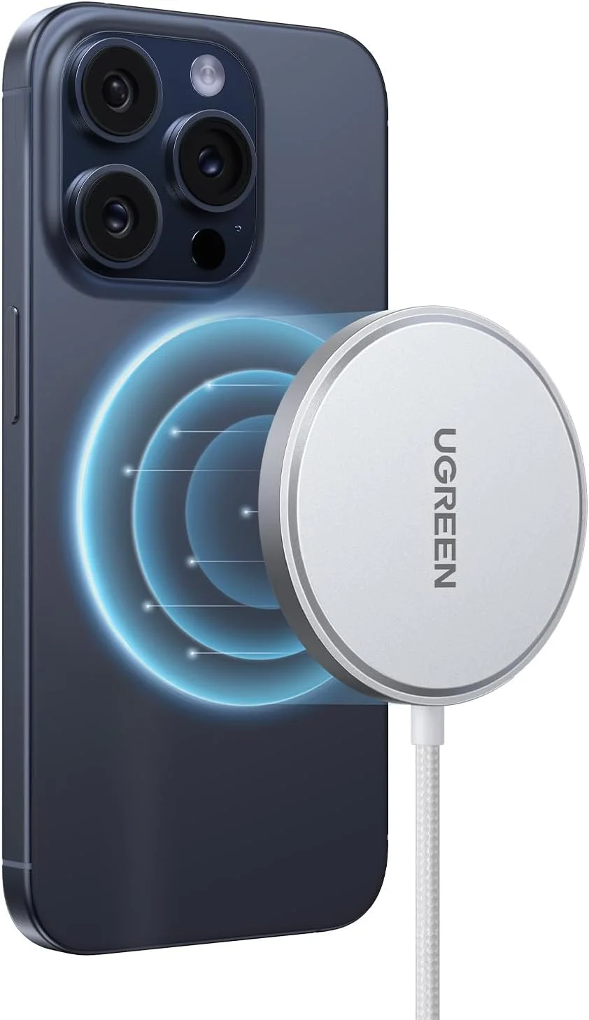 شارژر مغناطیسی بی‌سیم UGREEN Qi2 Magsafe آیفون 15 وات دارای گواهی MFi اپل، پد شارژ بی‌سیم مغناطیسی برای ایرپاد، شارژ سریع با کابل بافته شده Type C برای آیفون 16/15/14/13/سری و ایرپاد 3/2/Pro