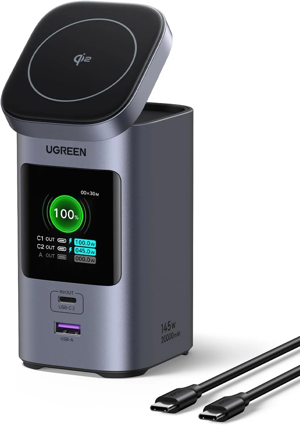 پاوربانک UGREEN Nexode با ظرفیت 20000 میلی آمپر ساعت، توان 145 وات، دارای گواهینامه Qi2، شارژ سریع بی سیم 15 واتی، خروجی 4 طرفه، دارای صفحه نمایش TFT، شارژر قابل حمل لپ تاپ سازگار با آیفون 17، دل، آیپد، ایرپاد و غیره