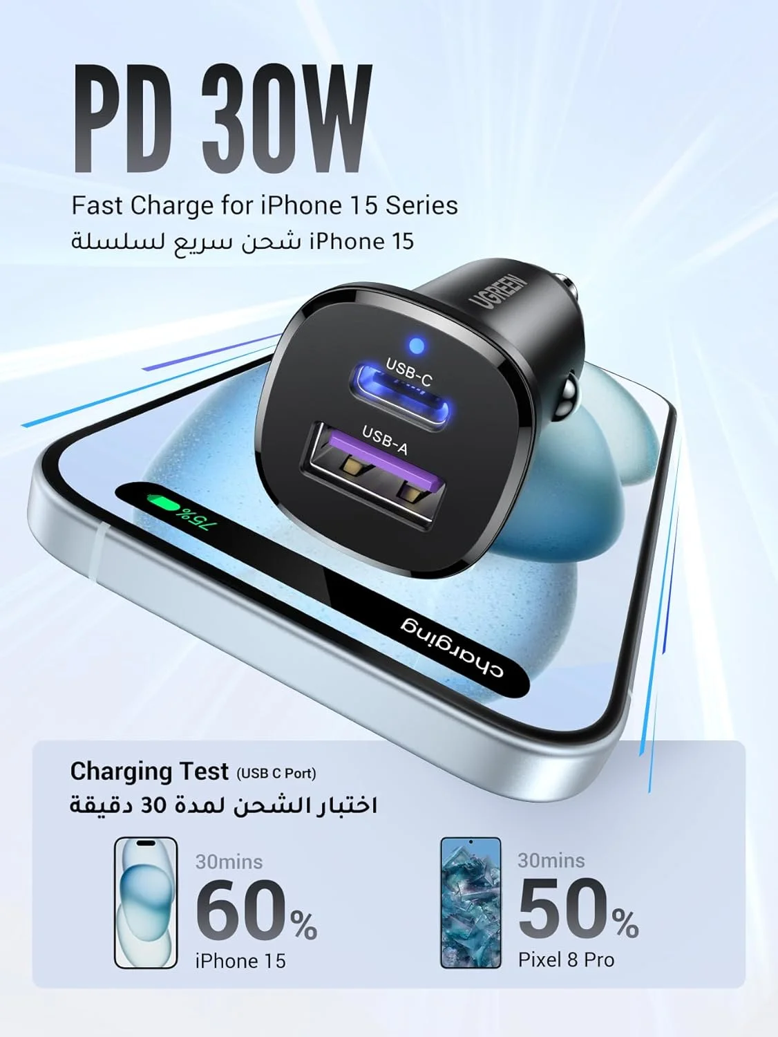 شارژر فندکی سریع 30 واتی UGREEN برای آیفون 17 پرو، لوازم جانبی خودرو، دو پورت USB-C PD 30W + USB-A QC 18W/SCP 22.5W شارژر سریع، برای سری آیفون 17/16/15/14، گلکسی S25/S24، هواوی، آیپد پرو، شیائومی