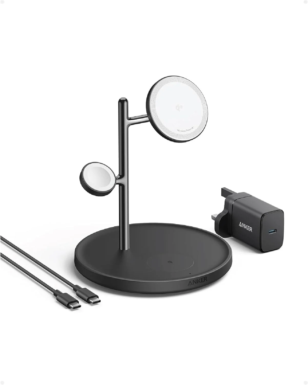 استند شارژ بی‌سیم 3 در 1 انکر، سازگار با شارژر MagSafe، دارای گواهی Qi2 با توان 15 وات، برای سری آیفون 17/16، ایرپادز پرو، اپل واچ اولترا (شامل شارژر و کابل USB C)