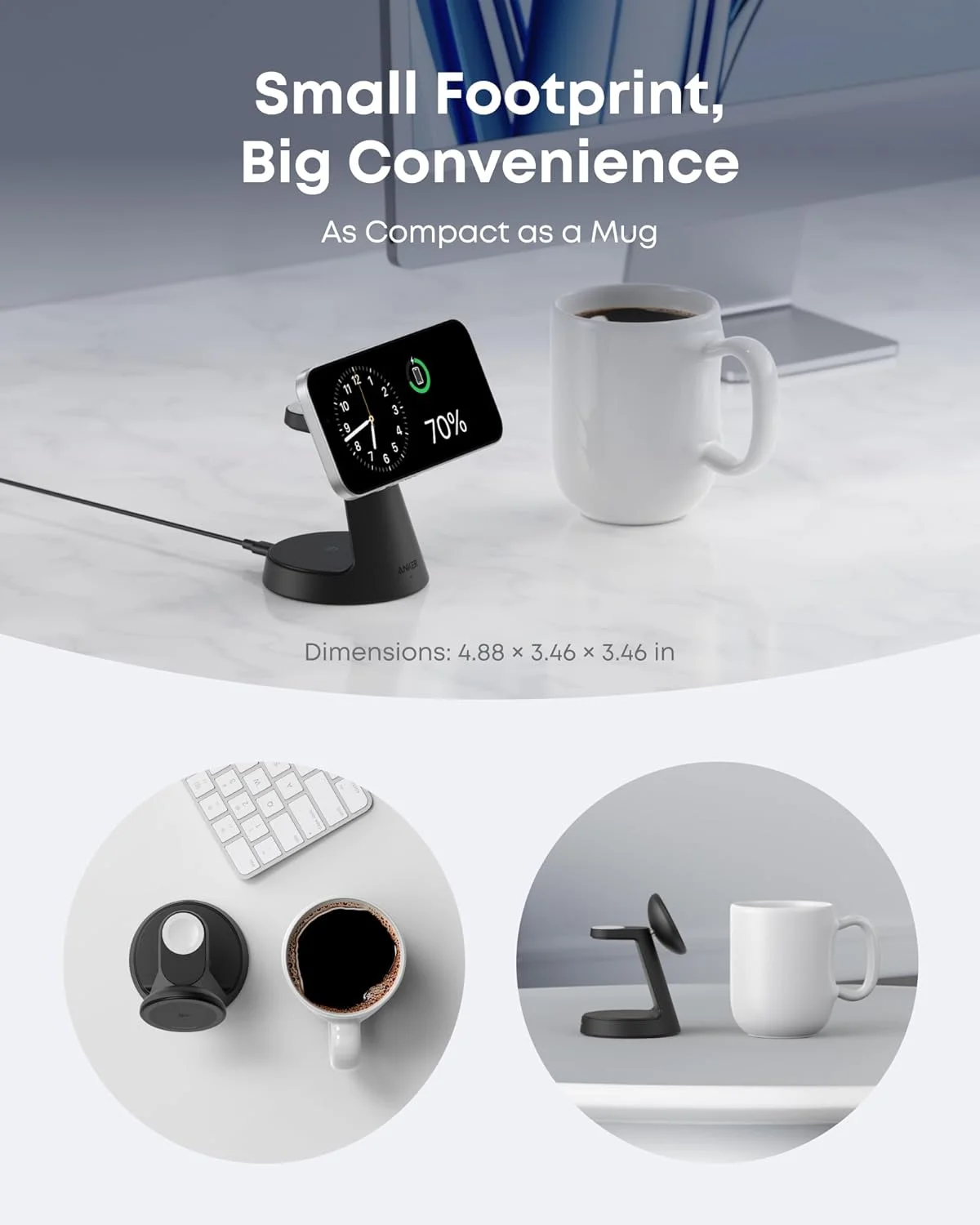 شارژر بی‌سیم مغناطیسی انکر MagGo (پایه داک)، شارژر بی‌سیم 3 در 1 Qi2 دارای گواهی 15 واتی سازگار با MagSafe، برای سری آیفون 17/16، اپل واچ، ایرپادز پرو و موارد دیگر (شامل آداپتور)