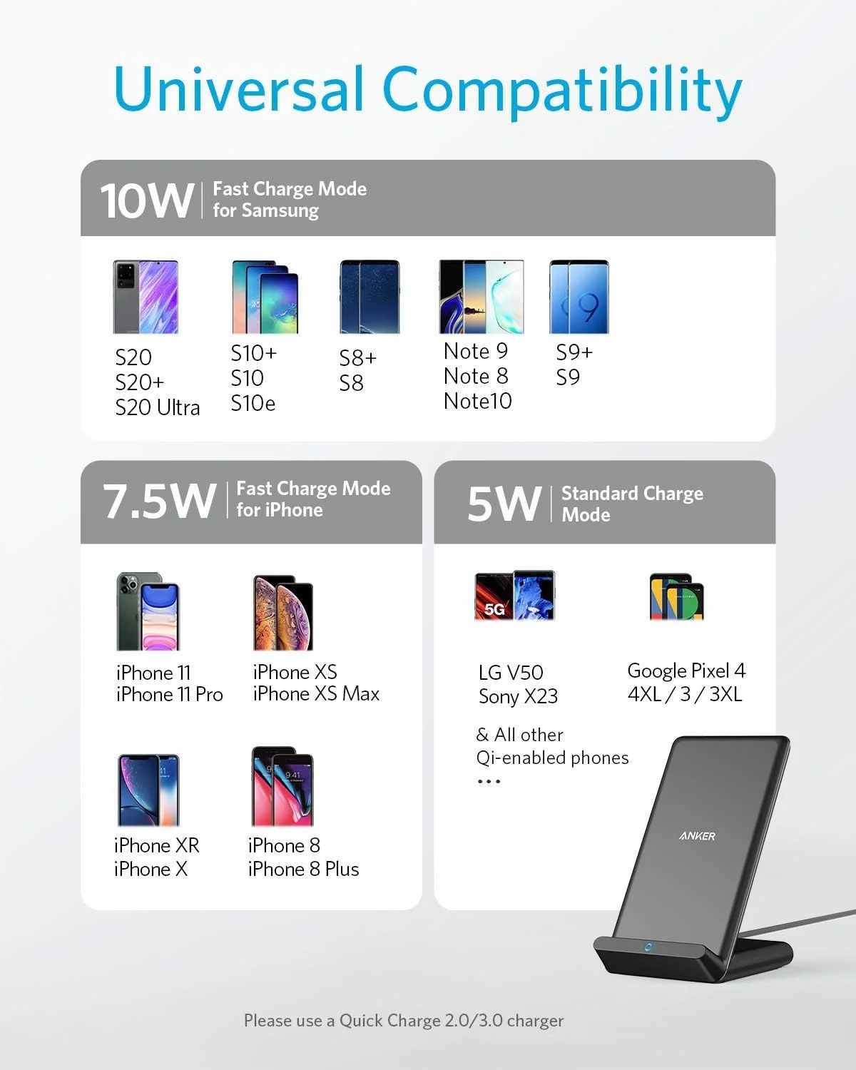 شارژر بیسیم انکر، پایه PowerWave با حداکثر توان 10 وات، دارای گواهی Qi، شارژ سریع برای آیفون 14/13/12/11/X/SE/XR/XS/8/7، سامسونگ گلکسی S20/S10/S9/S8/S7، گوگل پیکسل 3XL/3، الجی V50، سونی X23 شارژر بیسیم انکر، پایه PowerWave با حداکثر توان 10 وات، دارای گواهی Qi، شارژ سریع برای آیفون 14/13/12/11/X/SE/XR/XS/8/7، سامسونگ گلکسی S20/S10/S9/S8/S7، گوگل پیکسل 3XL/3، الجی V50، سونی X23