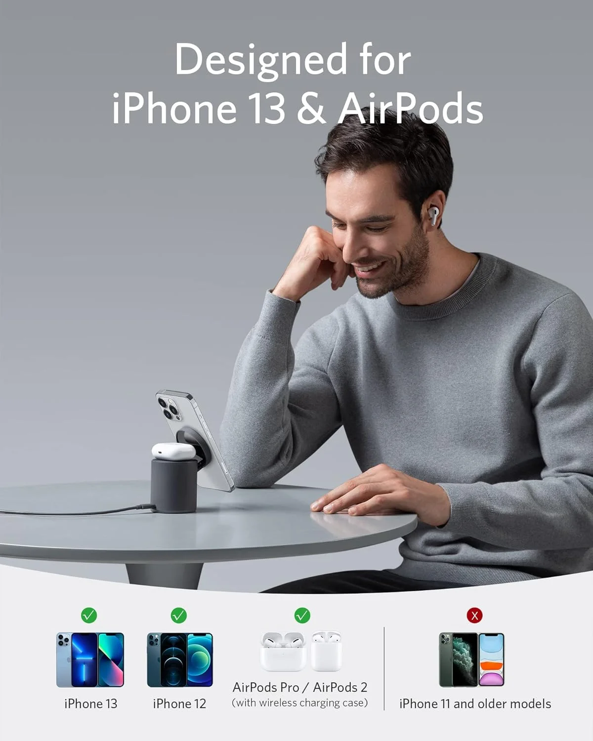 شارژر بی‌سیم مغناطیسی انکر 623 (MagGo)، استیشن شارژ بی‌سیم 2 در 1 با شارژر 20 واتی USB-C، برای سری آیفون 13/12، ایرپادز پرو (خاکستری بین ستاره‌ای)