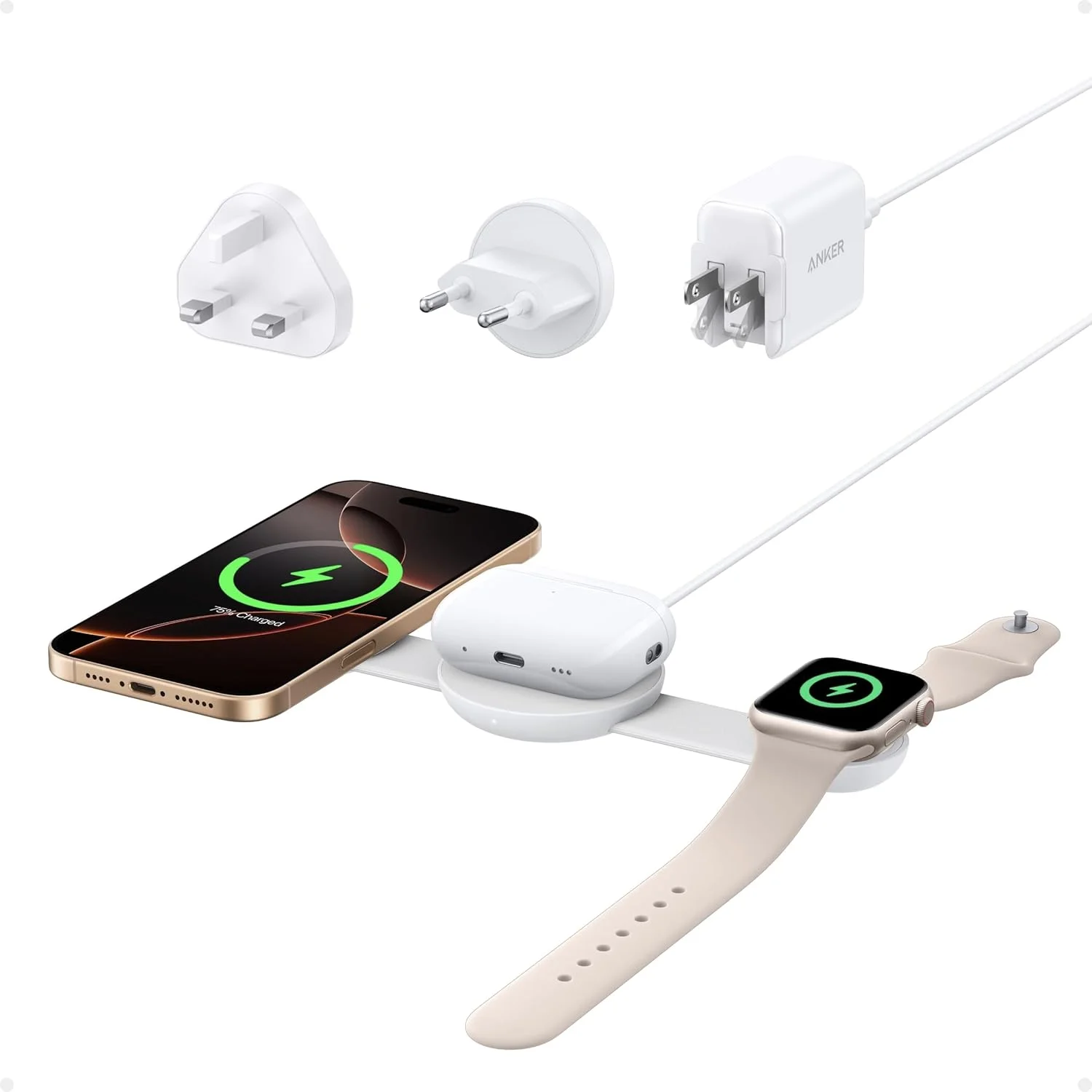 استند شارژ بی‌سیم 3 در 1 Anker MagGo، سازگار با MagSafe Qi2، شارژر تاشو 15 واتی مناسب سفر برای آیفون 16/15/14/13/12، ایرپادز و اپل واچ (بدون پاوربانک)