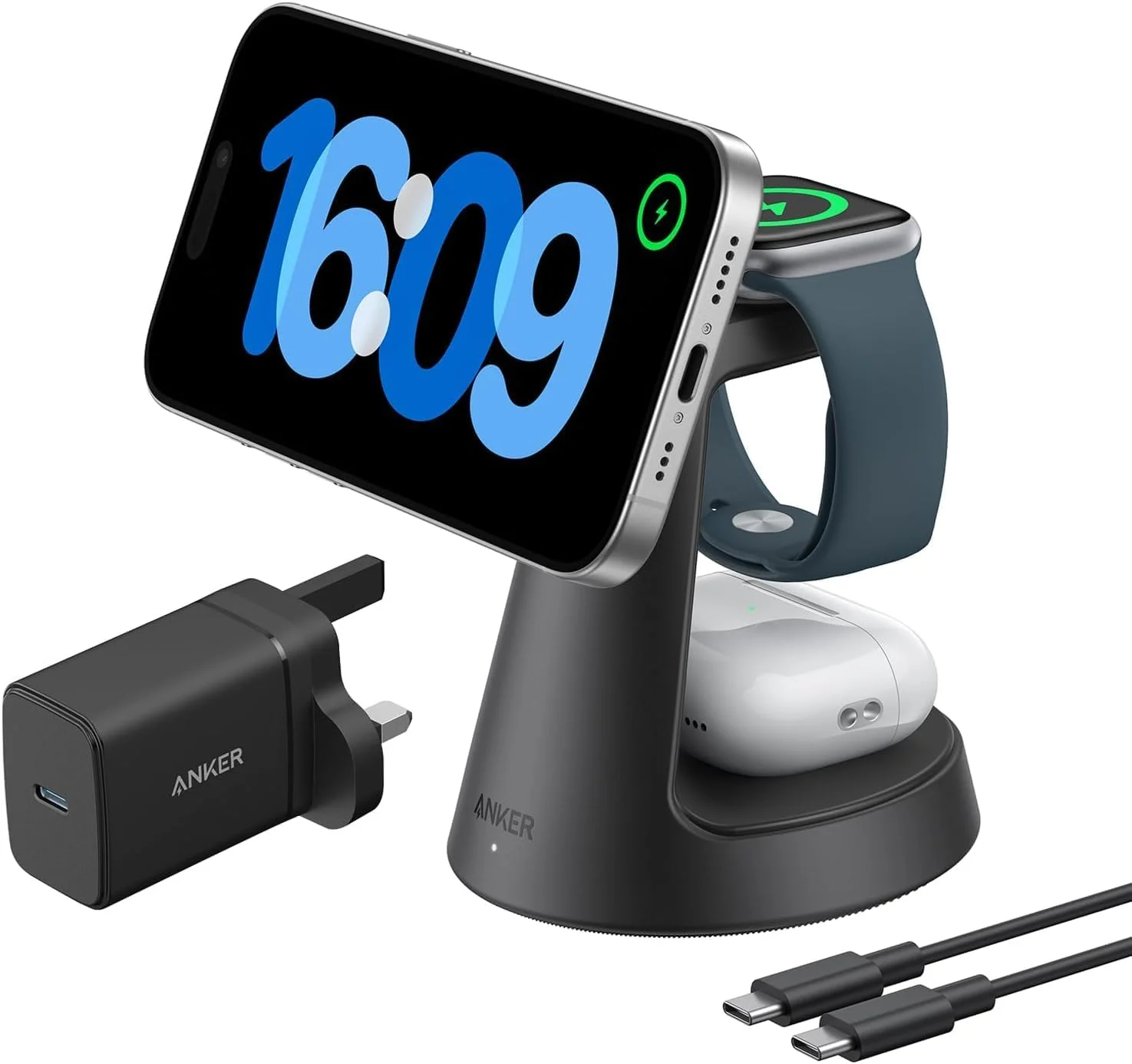 شارژر بی‌سیم مغناطیسی 15 واتی آیفون انکر MagGo (پایه داک)، شارژر سازگار با MagSafe 3 در 1 دارای گواهی Qi2 برای آیفون 17/16، اپل واچ، ایرپادز پرو و غیره (شامل آداپتور)