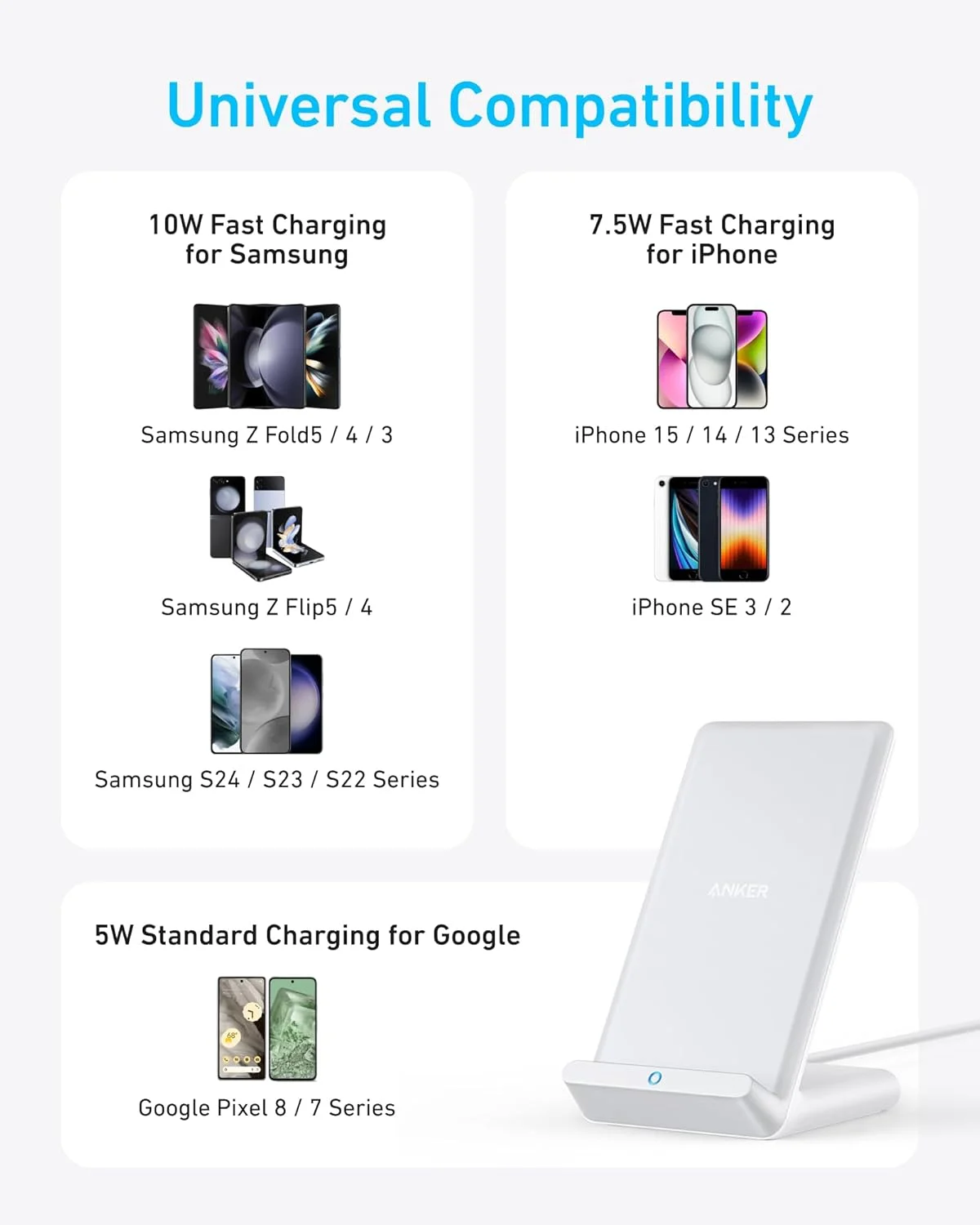 پایه شارژ بی‌سیم انکر 313، دارای گواهی Qi برای آیفون 16/16 پرو/16 پرو مکس/15/14/13، شارژ سریع 10 واتی برای گلکسی S23/S22/S21 (بدون آداپتور AC)