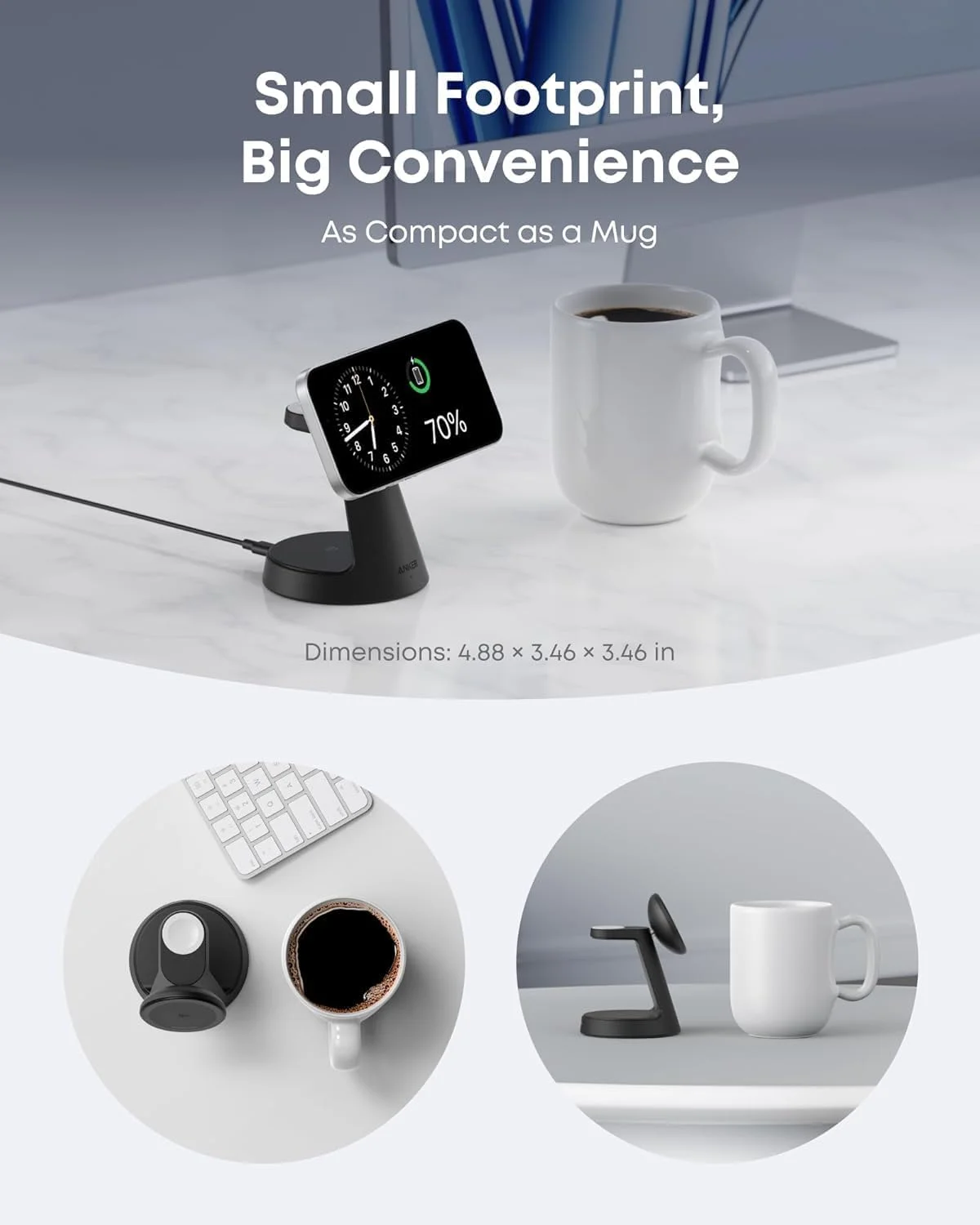 شارژر بی‌سیم مغناطیسی 15 واتی آیفون انکر MagGo (پایه داک)، شارژر سازگار با MagSafe 3 در 1 دارای گواهی Qi2 برای آیفون 17/16، اپل واچ، ایرپادز پرو و غیره (شامل آداپتور)