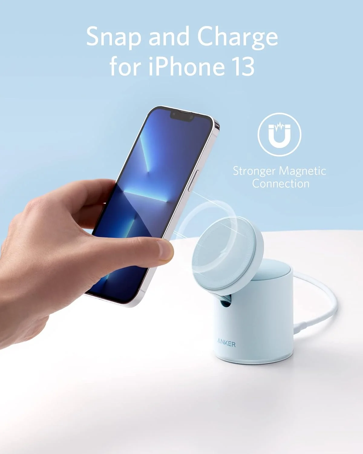 شارژر بی‌سیم مغناطیسی انکر 623 (MagGo)، استیشن شارژ بی‌سیم 2 در 1 با شارژر 20 واتی USB-C، برای سری آیفون 13/12، ایرپادز پرو (آبی مات)