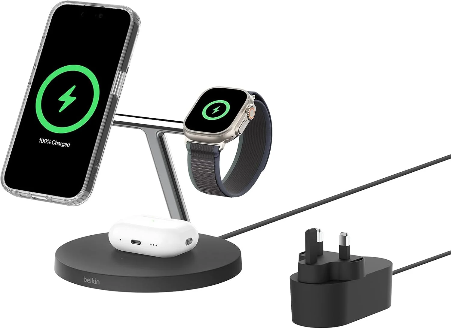 پایه شارژر بی‌سیم 3 در 1 Belkin BoostCharge Qi2 سازگار با MagSafe، شارژر بی‌سیم Qi2 برای سری Apple iPhone 17، Air، Apple Watch، AirPods با پایه ضد لغزش، PSU شامل - مشکی