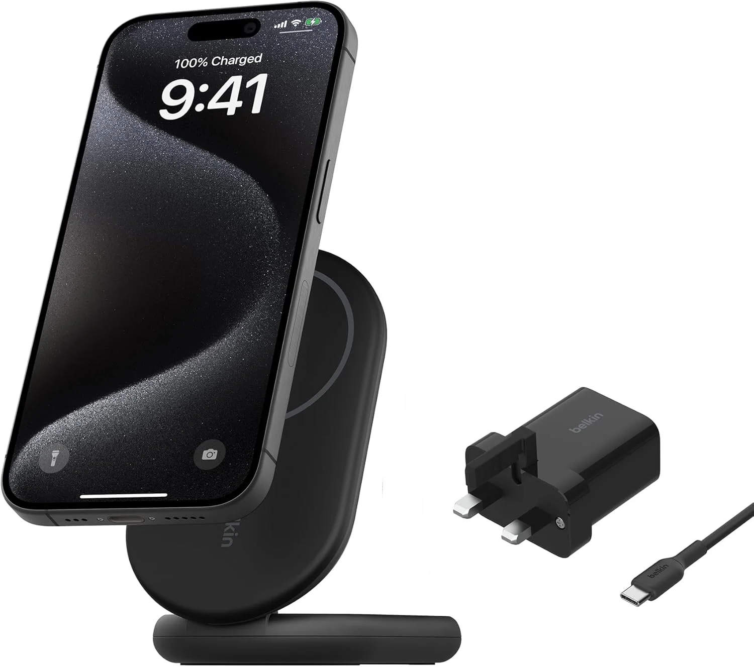 پایه شارژر بی سیم تاشو مغناطیسی Belkin BoostCharge MagSafe، شارژر سریع قابل حمل سازگار با MagSafe برای Qi2، آیفون 17، ایر، Pixelsnap، حالت Standy آماده، PSU شامل - مشکی