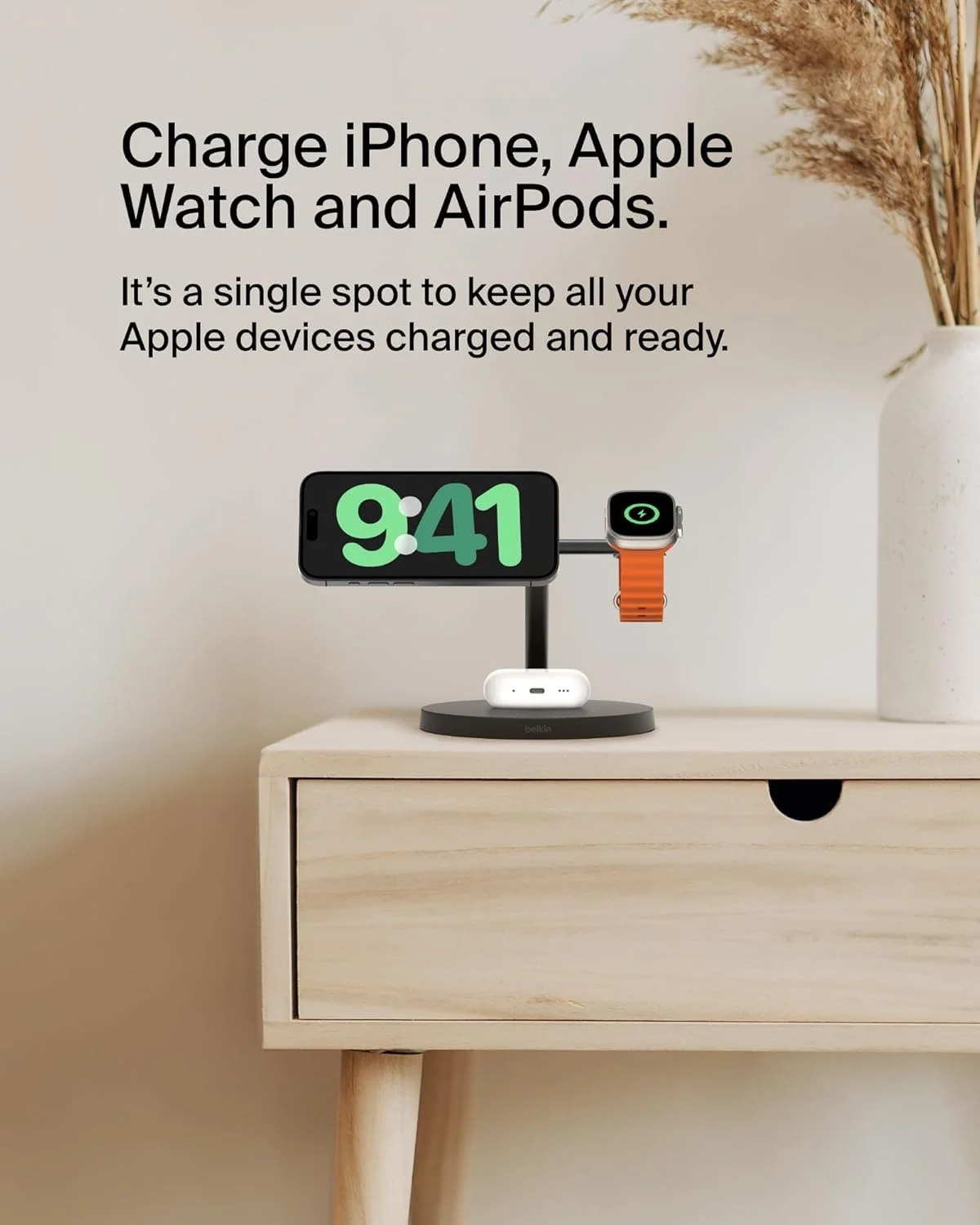 پایه شارژر بی‌سیم 3 در 1 Belkin BoostCharge Qi2 سازگار با MagSafe، شارژر بی‌سیم Qi2 برای سری Apple iPhone 17، Air، Apple Watch، AirPods با پایه ضد لغزش، PSU شامل - مشکی