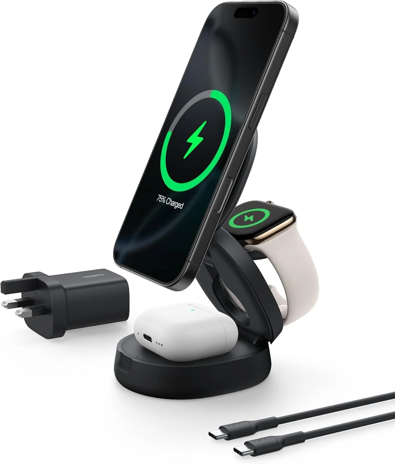 شارژر سازگار با MagSafe بلکین، ایستگاه شارژ بی‌سیم 3 در 1 قابل تبدیل، شارژر بی‌سیم 15 واتی دارای گواهی Qi2 برای آیفون 16، اپل واچ، ایرپاد با پایه ضد لغزش، دوشاخه 36 واتی شامل - مشکی