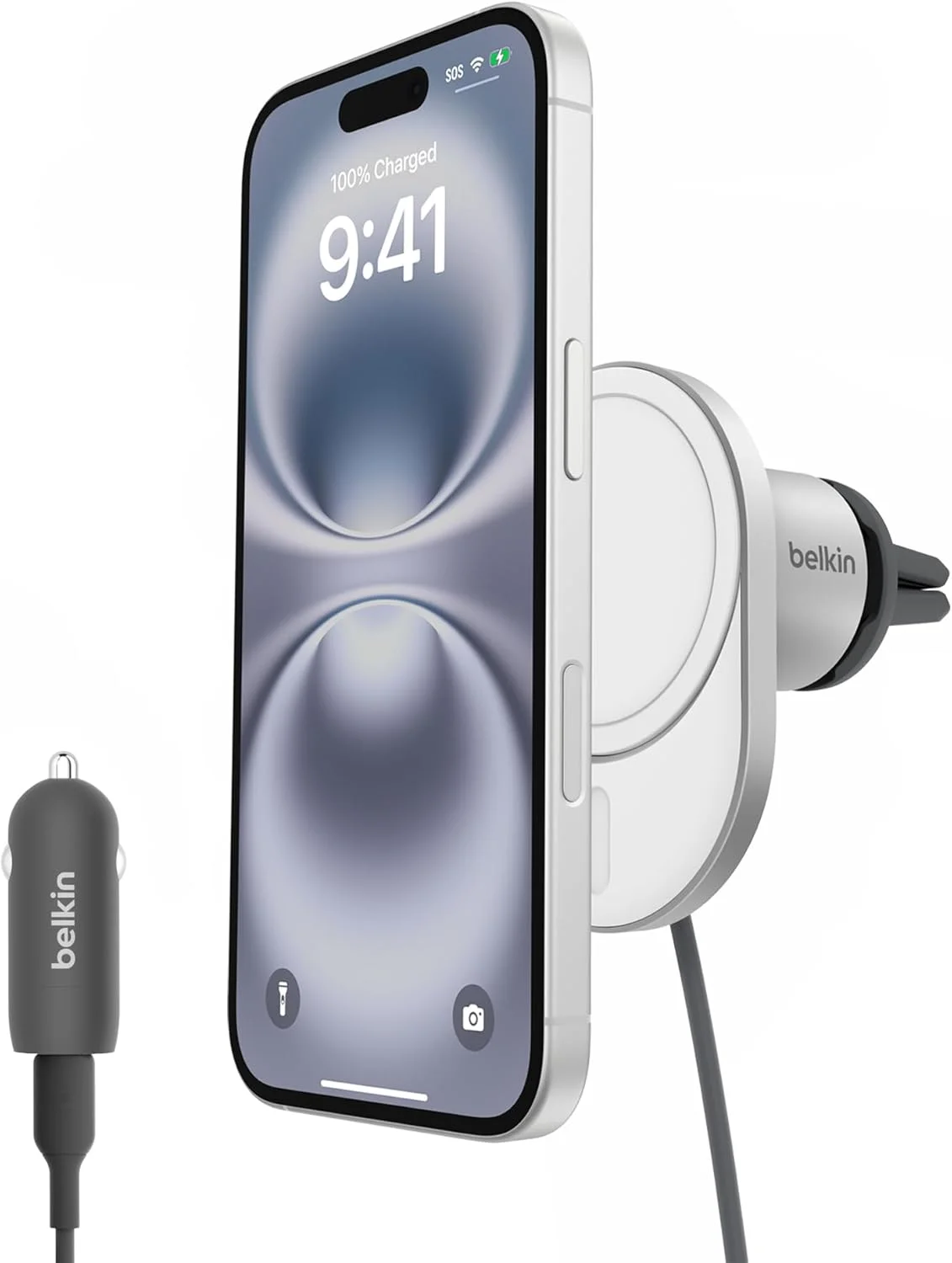شارژر بی‌سیم مغناطیسی خودرو Belkin MagSafe سازگار با توان 15 وات - شارژر BoostCharge Pro سازگار با MagSafe برای Qi2، پایه نگهدارنده مغناطیسی گوشی موبایل روی دریچه خودرو برای سری iPhone 16، 15، 14، 13 و 12 - خاکستری