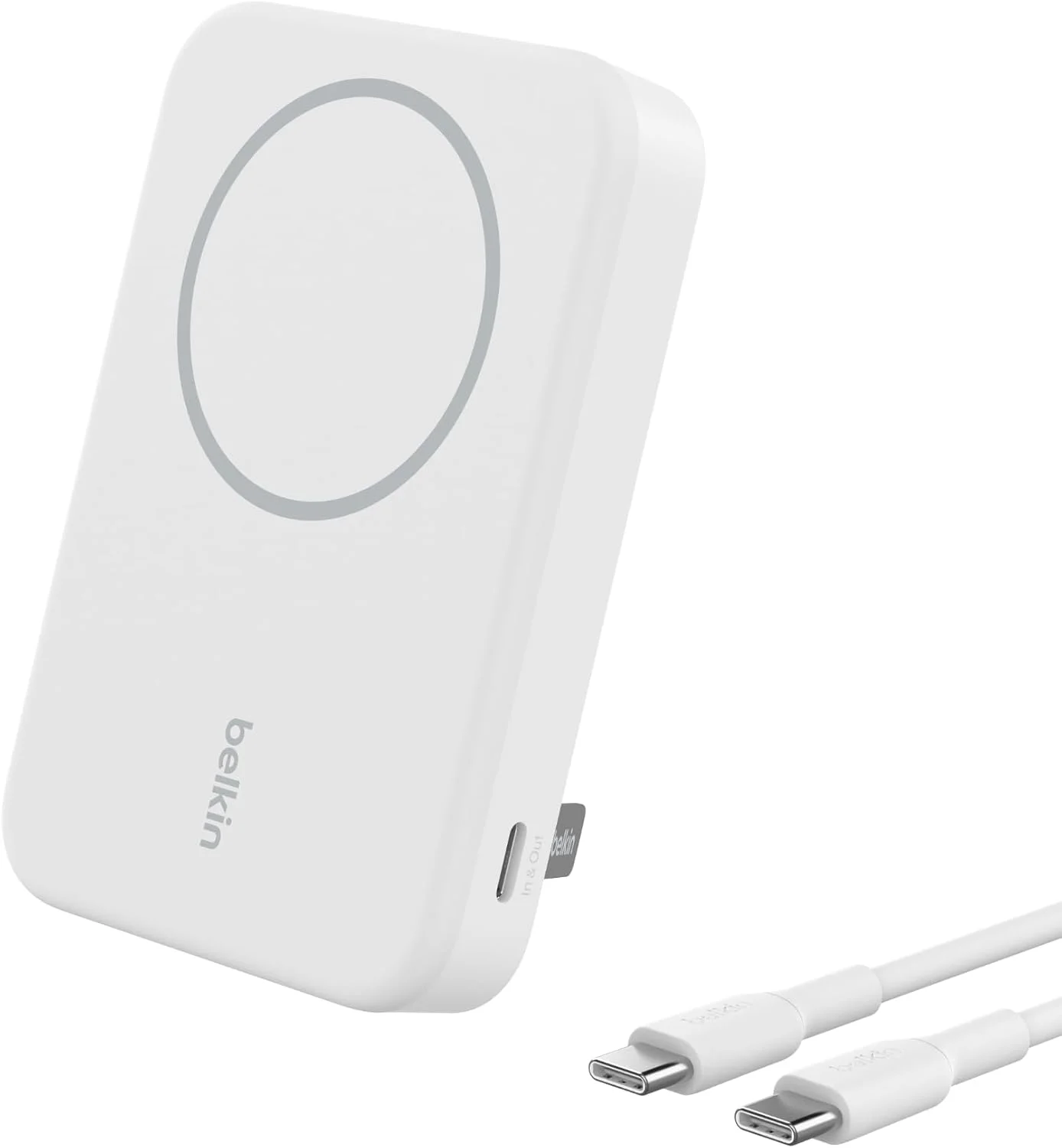 پاور بانک بی سیم Belkin BoostCharge Pro با ظرفیت 8000 میلی آمپر ساعت، سازگار با Qi2 و MagSafe، شارژر قابل حمل + دارای پایه تاشو داخلی، برای آیفون، پیکسل اسنپ و سایر دستگاه ها - سفید