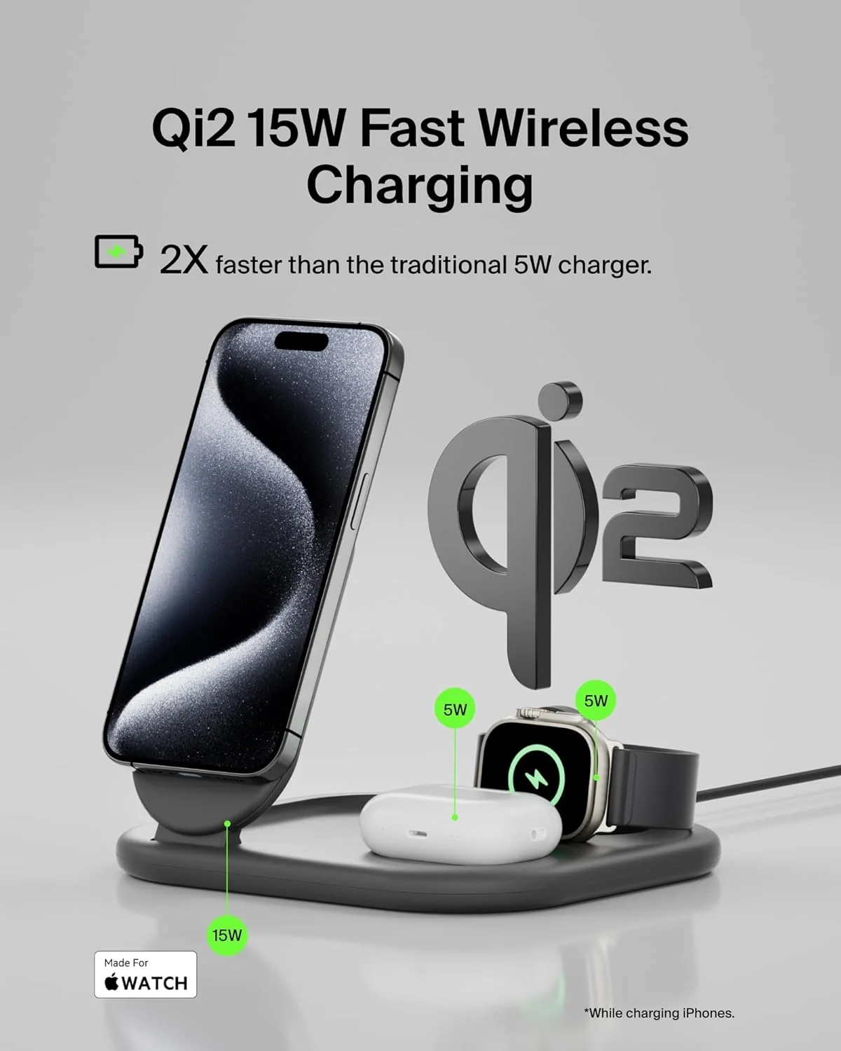 شارژر مغناطیسی بلکین MagSafe، شارژر تاشو مغناطیسی Qi2 سه در یک با شارژ سریع 15 واتی برای آیفون 15 اپل، اپل واچ، ایرپادز با پایه ضد لغزش، ماژول منبع تغذیه - مشکی