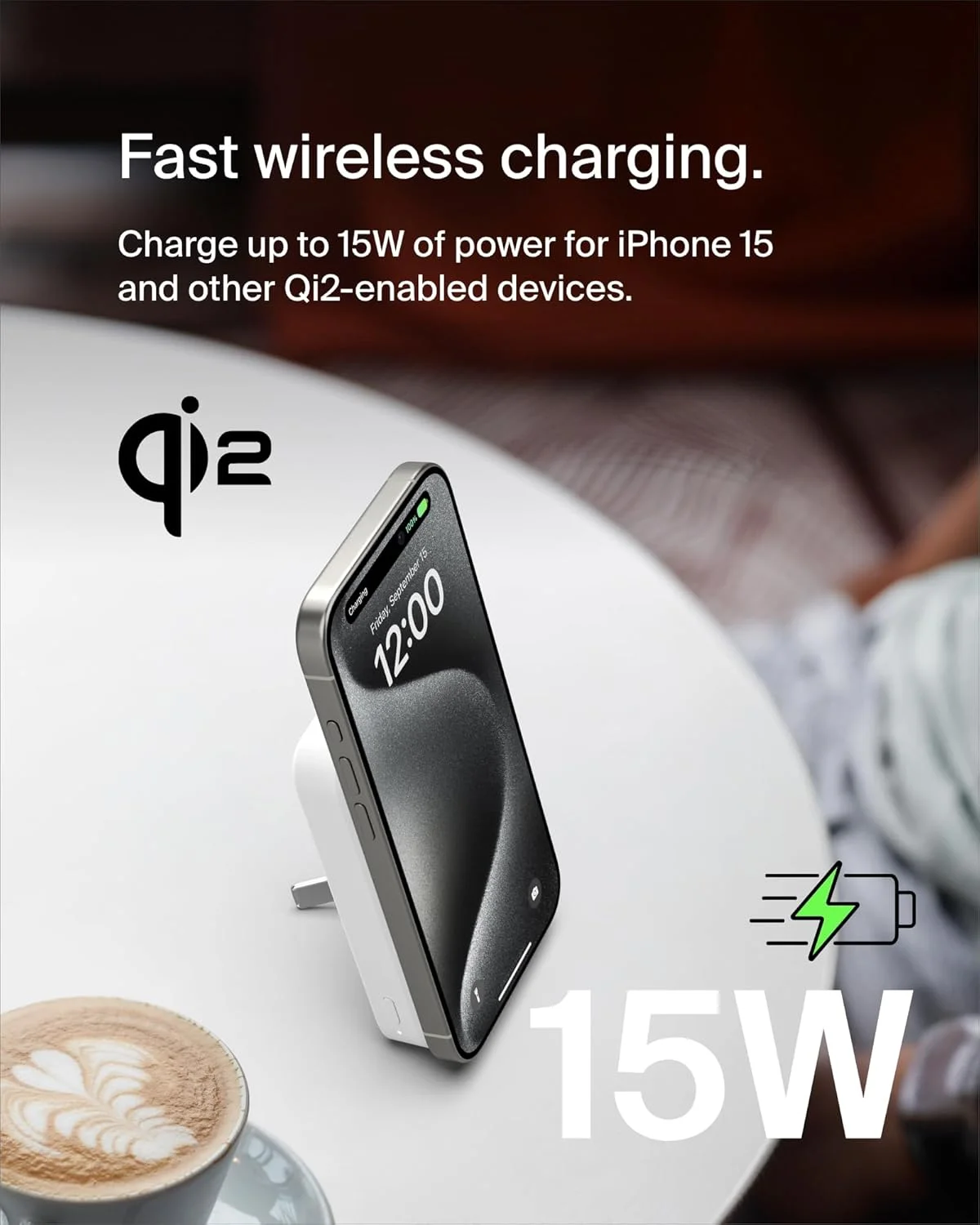 پاور بانک بی سیم Belkin BoostCharge Pro با ظرفیت 8000 میلی آمپر ساعت، سازگار با Qi2 و MagSafe، شارژر قابل حمل + دارای پایه تاشو داخلی، برای آیفون، پیکسل اسنپ و سایر دستگاه ها - سفید