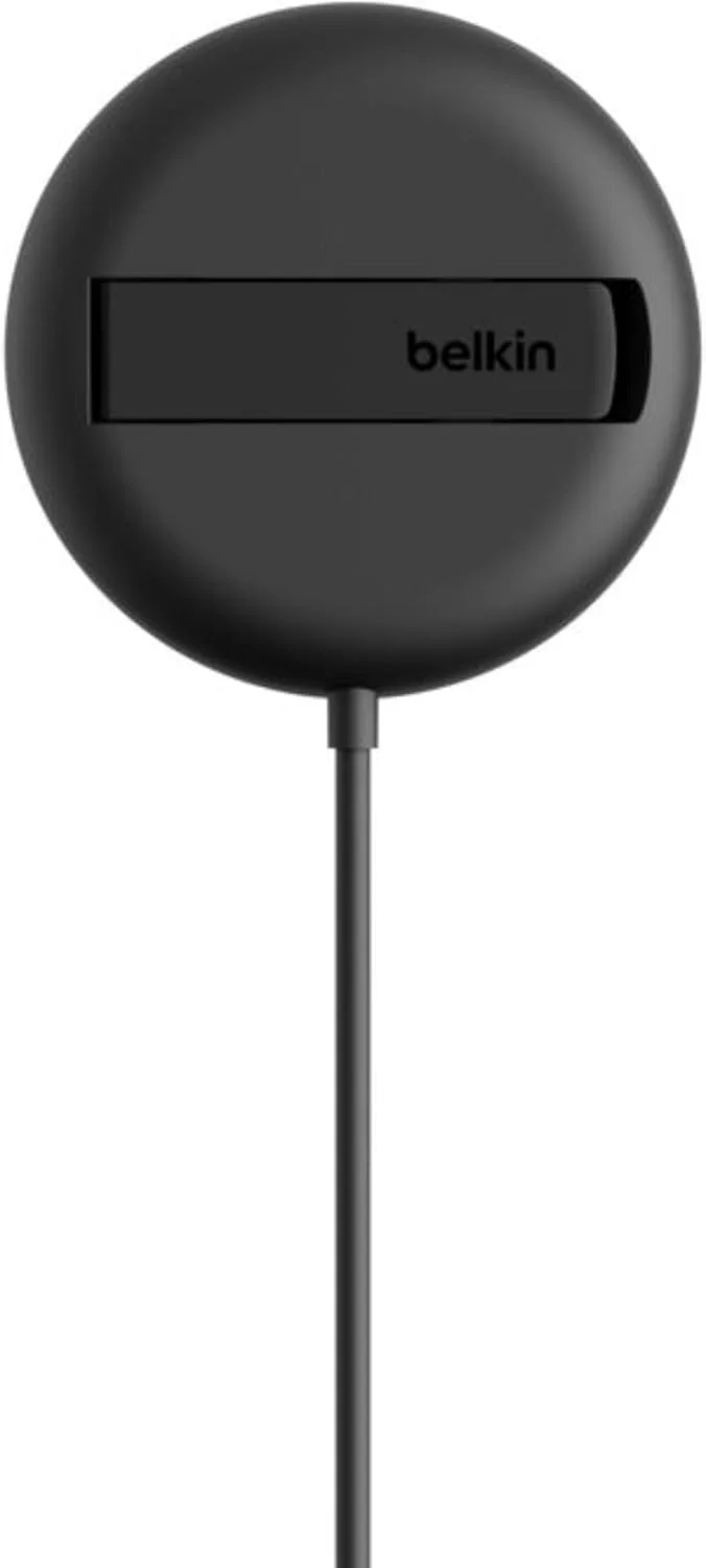 پایه شارژ بی‌سیم بلکین (15 وات، دارای گواهی Qi2 و سازگار با MagSafe، برای همه مدل‌های آیفون 16، 15، 14، سامسونگ گلکسی S25، برای ایرپادز و غیره، با آداپتور AC – مشکی)